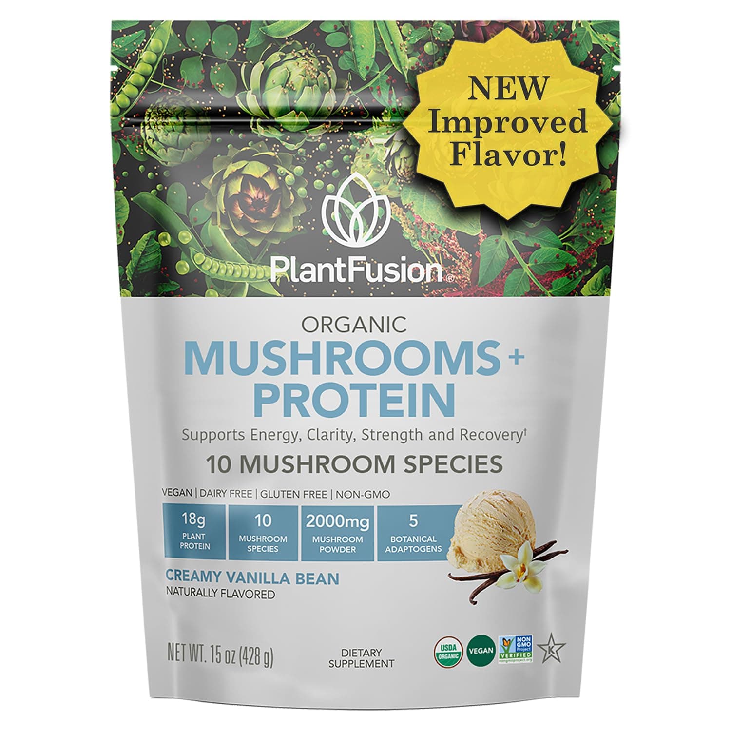 Mushroom Protein Powder - 3 in 1 Vegan Protein Powder, Mushroom Supplement, and Adaptogen Supplement - Support Mental Focus, Immunity, and Recovery - Vanilla 1lb