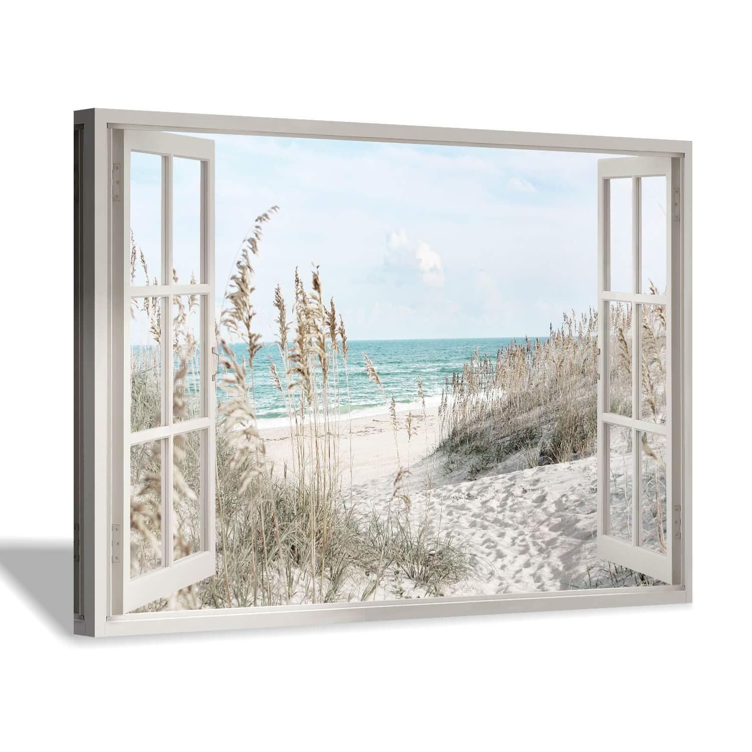 Coastal Beach Picture Wall Art: Beach Theme Window Canvas Art Prints Seascape Artwork for Bedroom (36” x 24“ x 1 Panel)