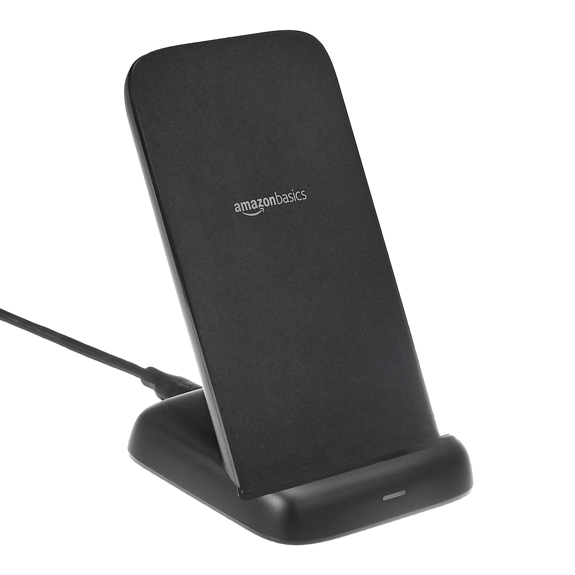 Amazon Basics 10W Qi Certified Wireless Charging Stand for Phone 16/15/14/13/12/11/X, Samsung, and More, with USB Cable, Black (No AC Adapter)