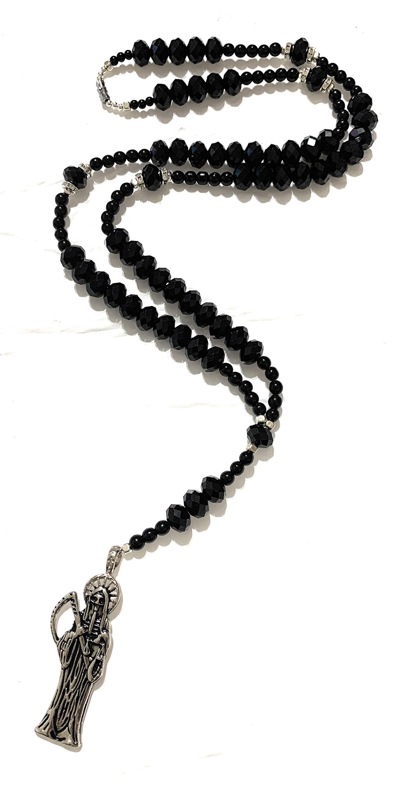 Chavarrieta Extra large, 34” Holy Death’s rosary 3” pendant. Rosario de la Santa Muerte con piedras de lava.
