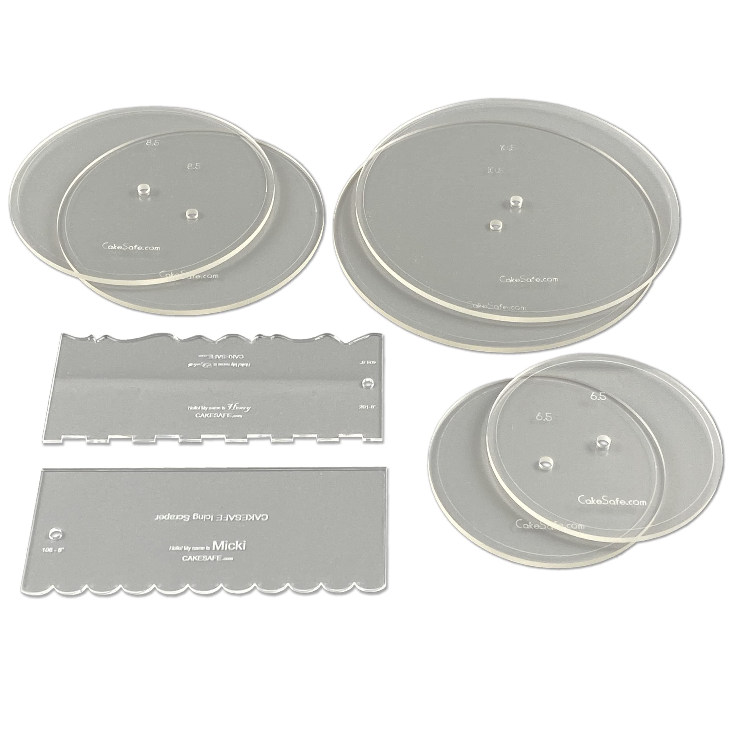 CAKESAFEEssential Cake Decorating Acrylic Disk Kit - 3 Sets - Round 6.5", 8.5", 10.5" Disks Sets (2 disks per size), 2-8" Icing Scrapers with 1 Scraper Edge and 3 Cake Comb Patterns