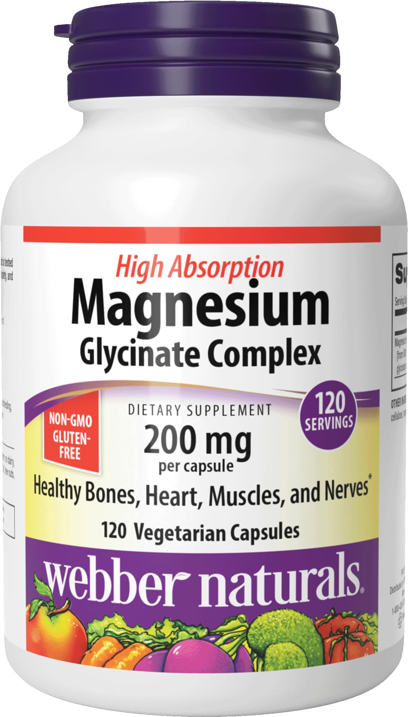 Webber Naturals Magnesium Glycinate Complex 200 mg, 120 Vegetarian Capsules, High Absorption Formula, Supports Bones, Heart, Muscles & Nerves, One-per-Day, Vegan, New Label!