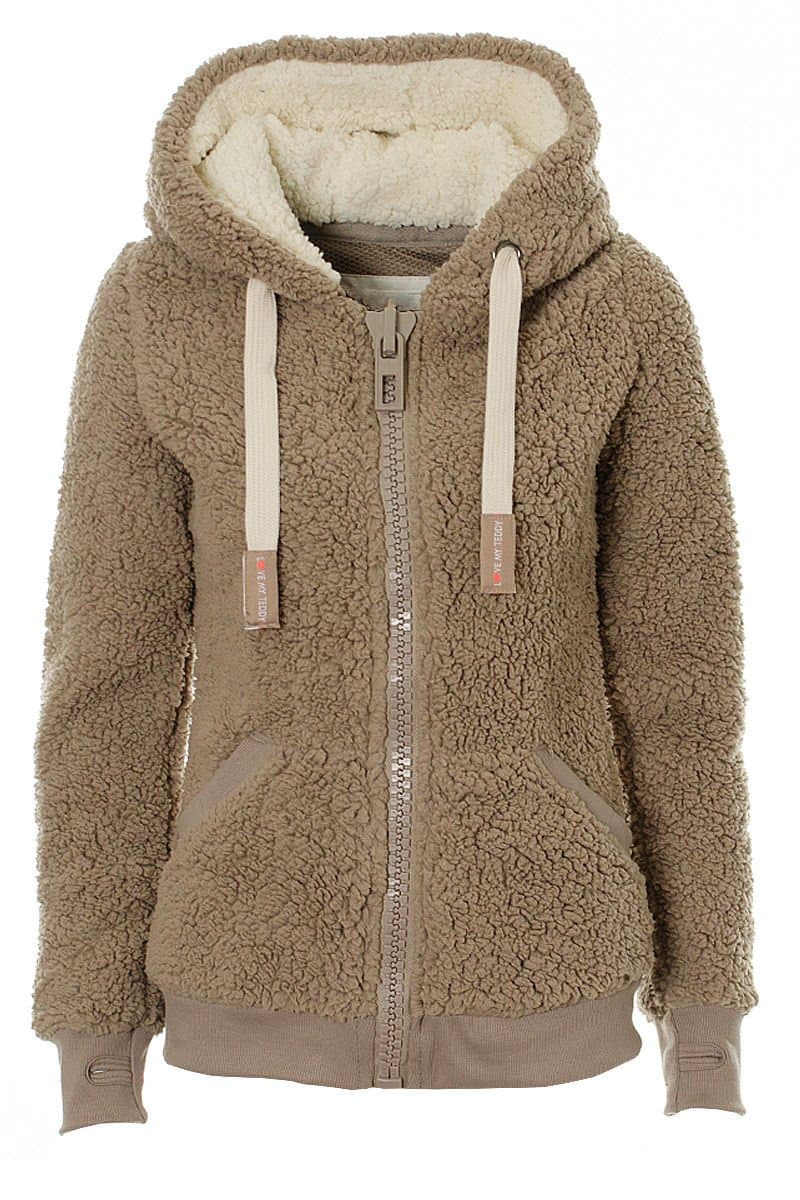 Kooos New Ladies Womens Soft Teddy Sherpa Fleece Hooded Jumper Hoody Jacket Coat (Taupe Medium)