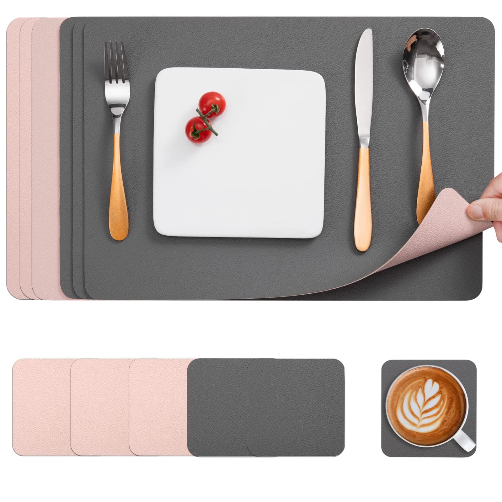 Myir JUN Leather Table Mats and Coasters, Dual-Sided Leather Placemats and Coasters Waterproof Placemats Set of 6 Place Mats Non-Slip Washable Table Mats (Gray Pink, Set of 6)