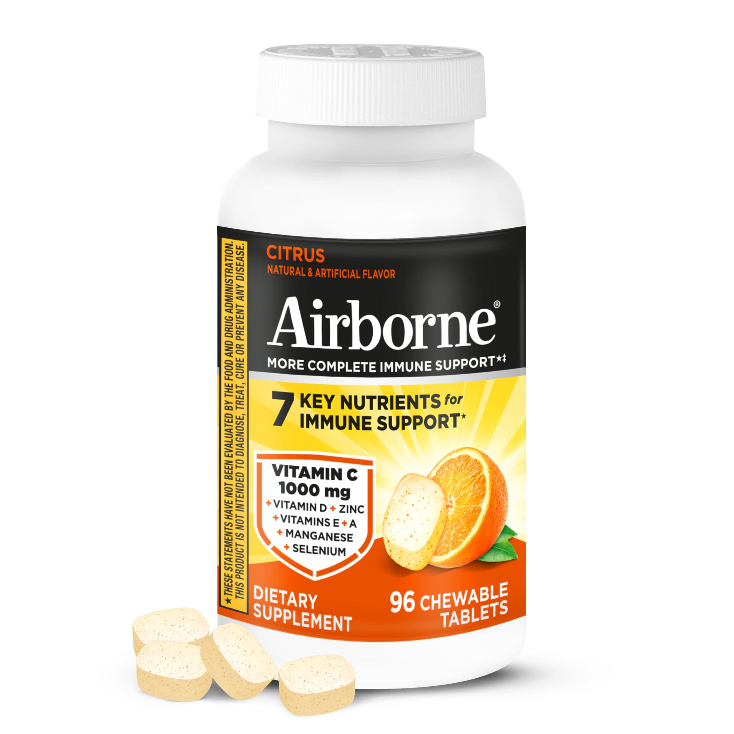 Airborne 1000mg Chewable Tablets with Zinc, Immune Support Supplement with Powerful Antioxidants Vitamins A C & E - 96 Tablets, Citrus Flavor
