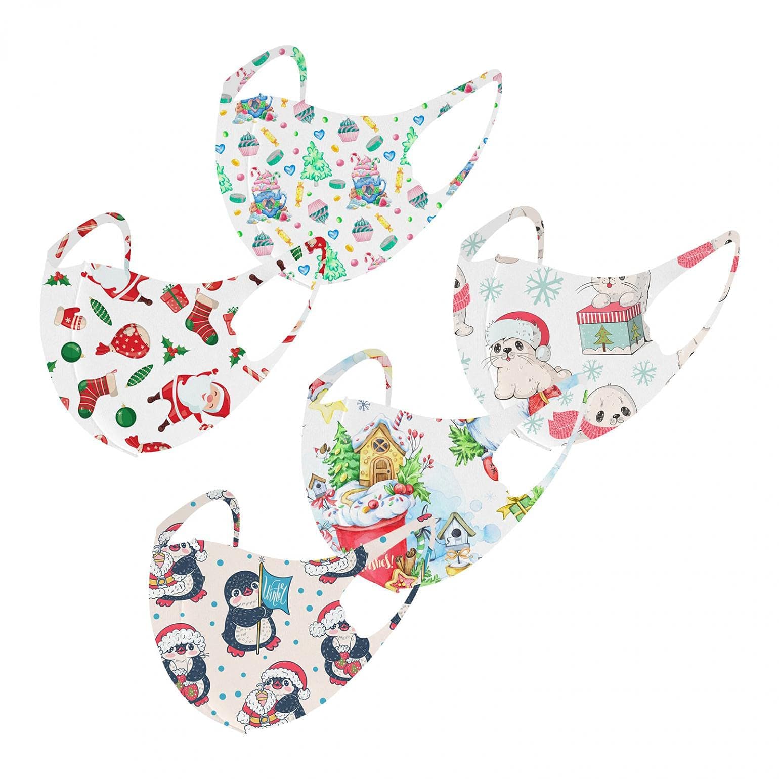 Christmas Face_Masks for Kids, 1/5/10/30Pcs Reusable and Children Protective Face Bandanas with Cute Pattern Breathable