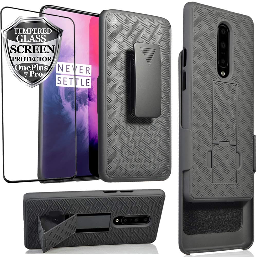 Ailiber for OnePlus 7 Pro Case Holster, One Plus 7 Pro Full Screen Protector Tempered Glass, Rugged Fullbody Shockproof Armor/Belt Clip/Kickstand 2in1 Slim Hard Protective Cover for OnePlus7Pro -Black