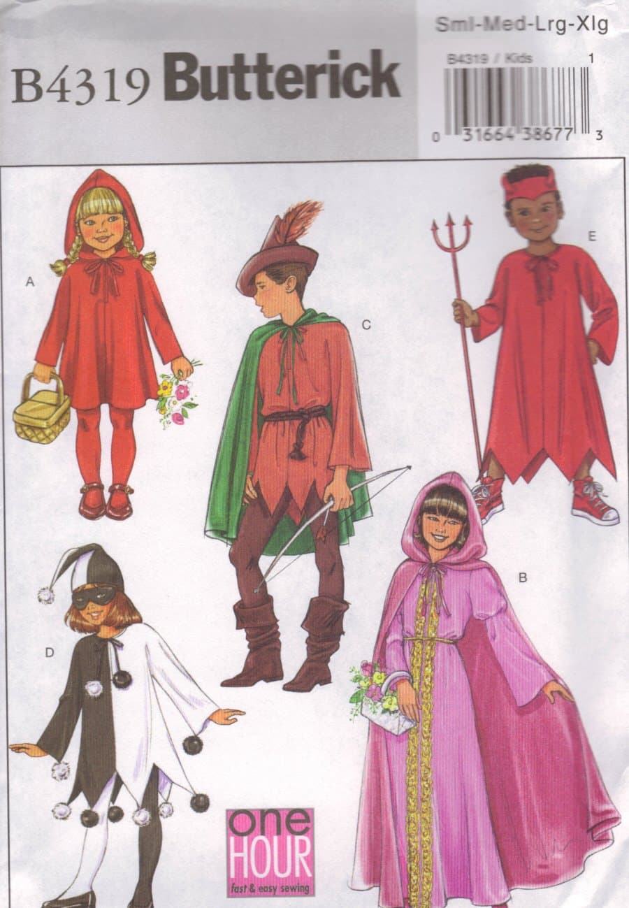 ButterickB4319 Boy's and Girl's Devil, Jester, Princess, Robin Hood, and Little Red Riding Hood Kid's Halloween Costume Sewing Patterns, S-XL