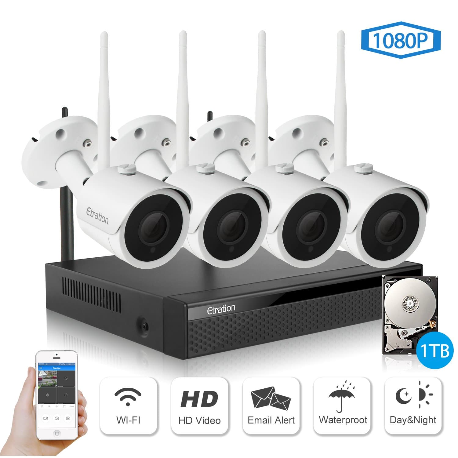 Wireless Home Security Camera System, Etration 4 Channel 1080P Full HD Video Security System, 4pcs 1080P Indoor/Outdoor Wireless Bullet IP Cameras with Night Vision, WIFI NVR Kits,1TB HDD