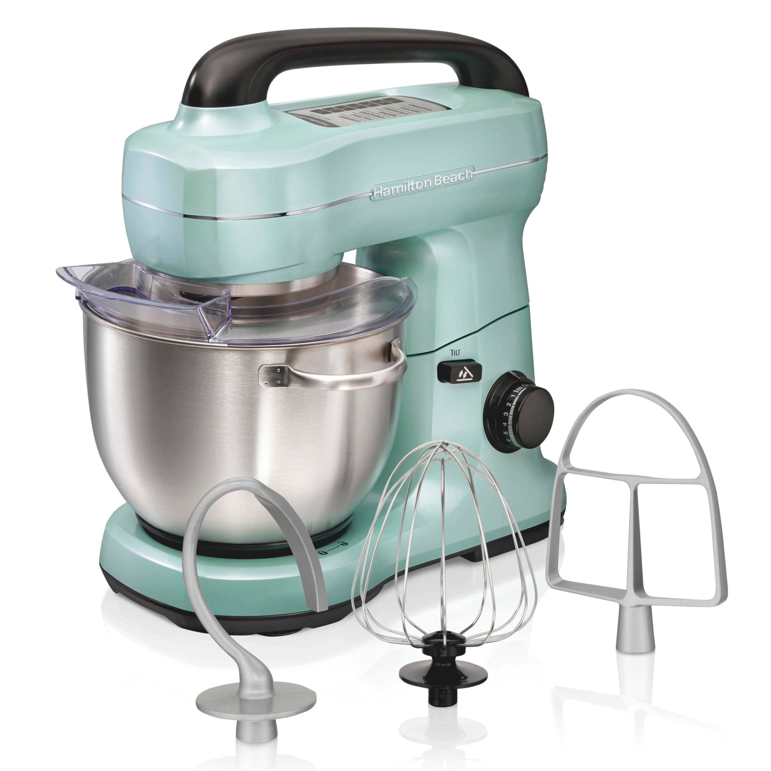 Hamilton Beach Electric Stand Mixer, 4 Quarts, Dough Hook, Flat Beater Attachments, Splash Guard, 7 Speeds with Whisk, Easy-Carry Top Handle, Aqua