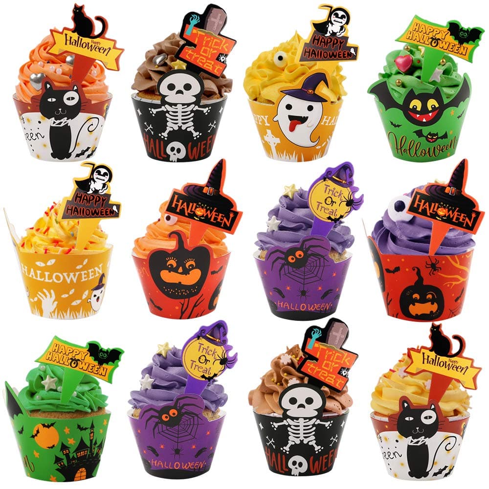 Haojiake 120pack Halloween Cupcake Toppers and Wrappers, Ghost, Pumpkin, Spider Cupcake Decorations for Halloween Party Supplies