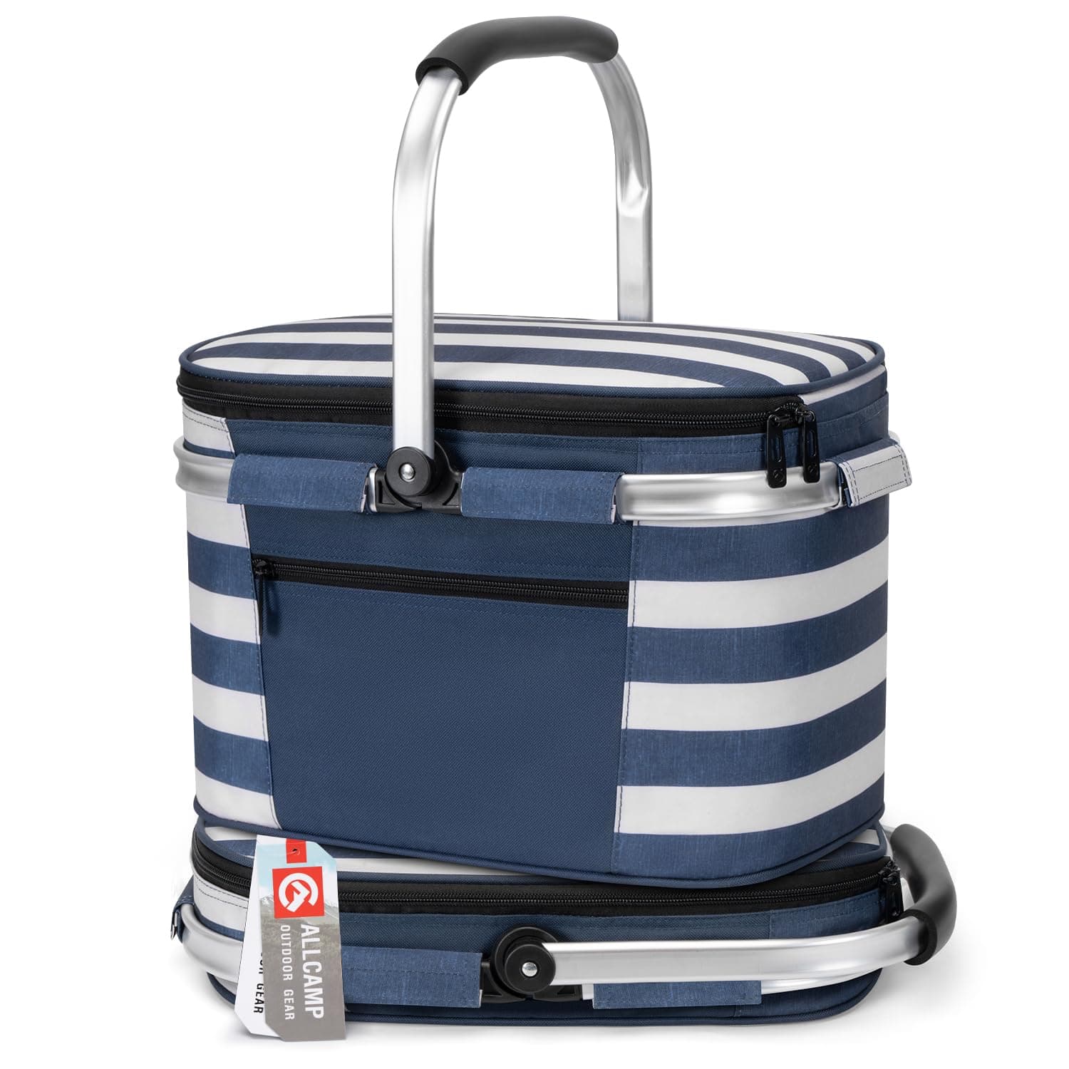 ALLCAMP Picnic Basket - Insulated Cooler, Thickening Foldable Picnic Basket with Removable Baskets & Sewn-in Frame, Basket for House Warming Gifts New Home(Blue White)