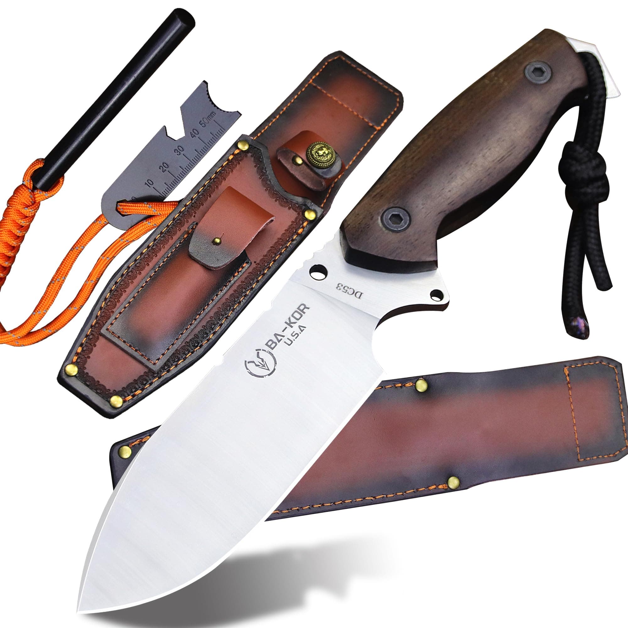 U.S.A 11 "DC53 Steel Hunting Knife & Sheath +4" Flint Fire Starter, Acidwood handle Jungle Survival Knife, Camping EDC tool knife