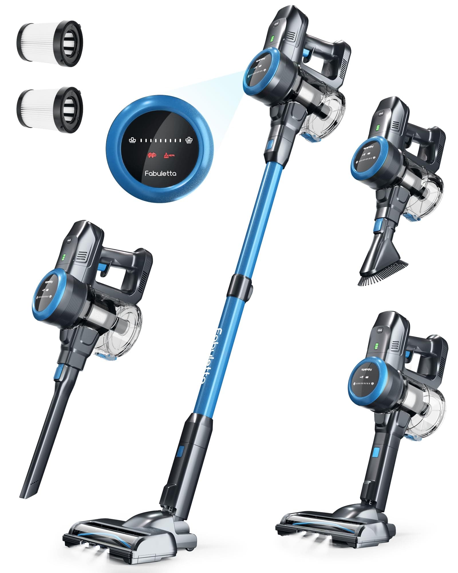 FABULETTACordless Vacuum Cleaner, 35KPA Stick Vacuum Cleaner with Brushless Motor, 3 Modes 6 in 1 Lightweight Vacuum Cleaner with 50Min Detachable Battery for Home/Pet Hair/Carpet/Hard Floor (Blue)