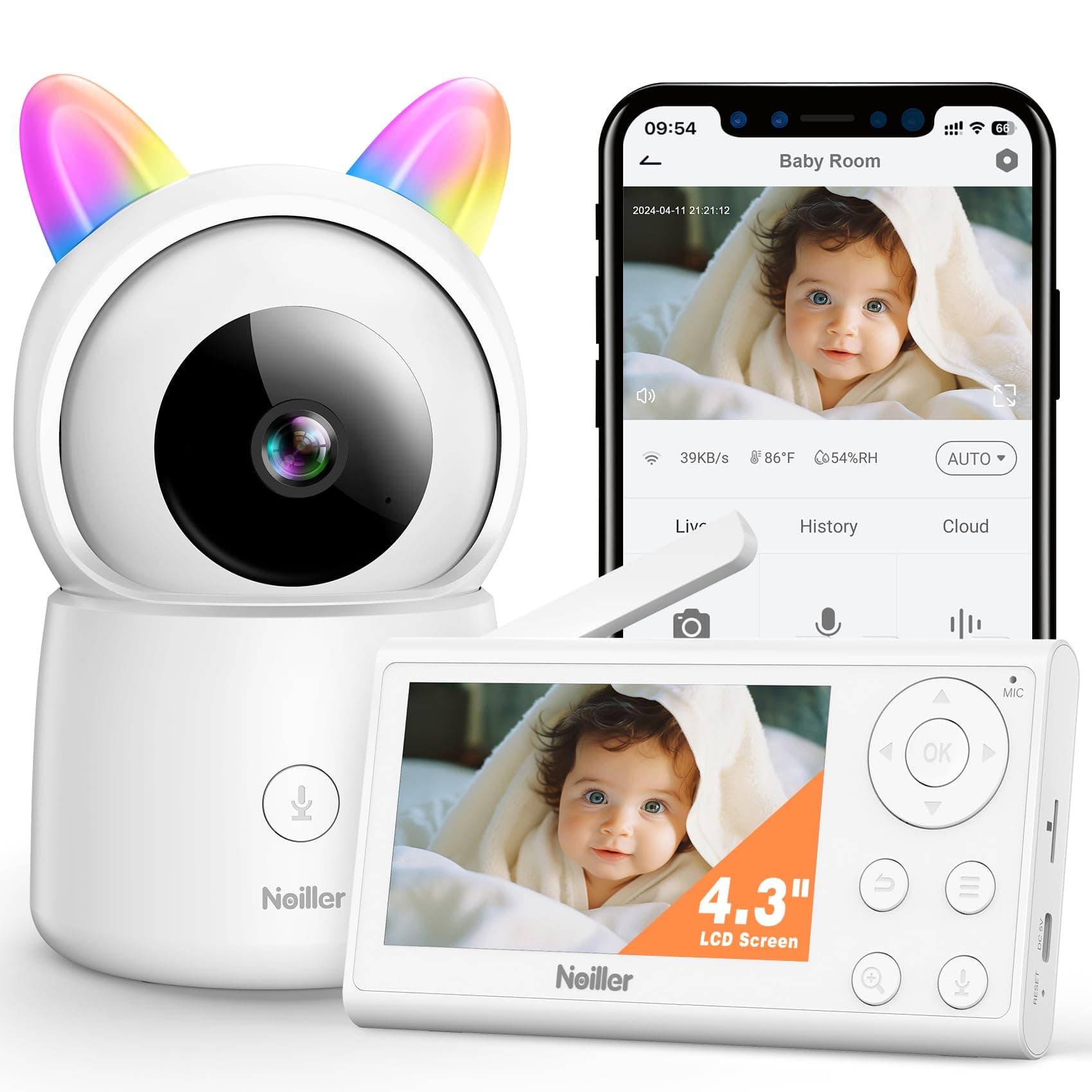 Baby Monitor, 4.3 Inch Video Monitor with 1080P Camera, 2.4G Smart WiFi Audio Monitor with Remote PTZ, Night Vision, 2-Way Talk, Sleep Mode, RGB Night Lights,