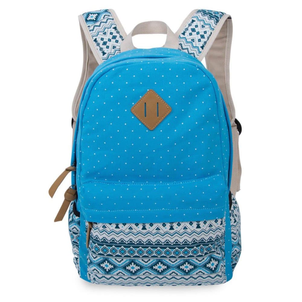 Girls Backpacks for School,WAWJ Ethnic Style Dot Canvas Laptop Travel Bag Schoolbag for Teens (Azure)