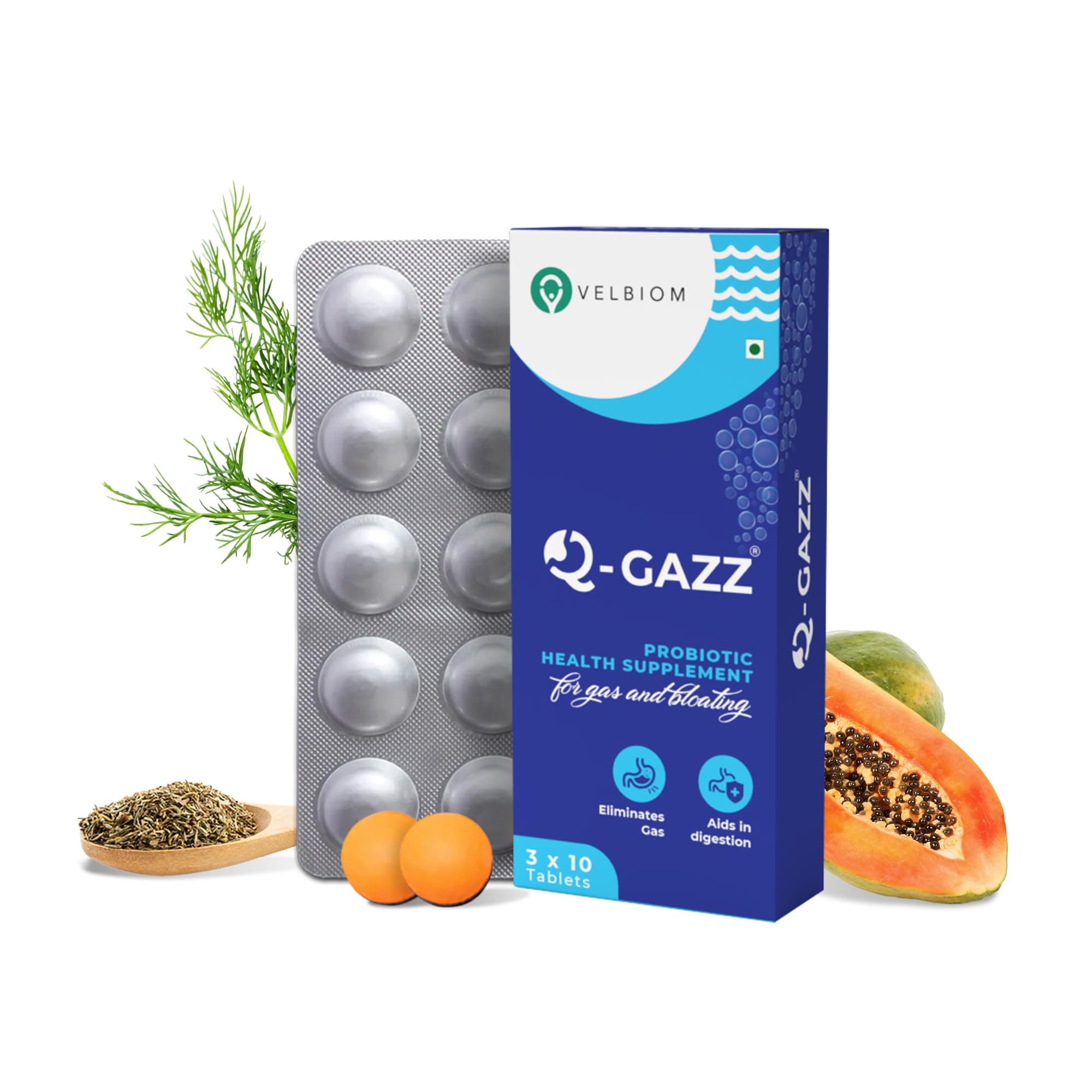 Q Gazz Helps In Gas,Bloating And Indigestion| Clinically Proven Unique Blend Of Probiotics,Carminative Oils| Digestive Enzymes| Dill & Ajwain Oil| Bowel Movement| 30 Capsules
