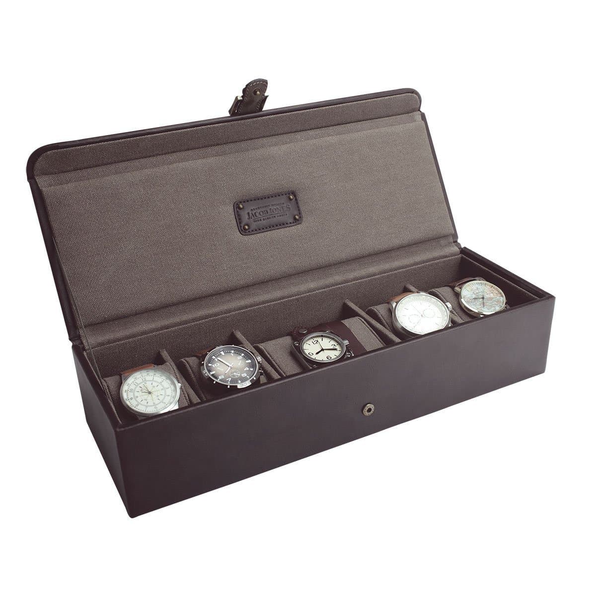 JACOB JONES Brown Watch Box with Khaki Canvas Lining