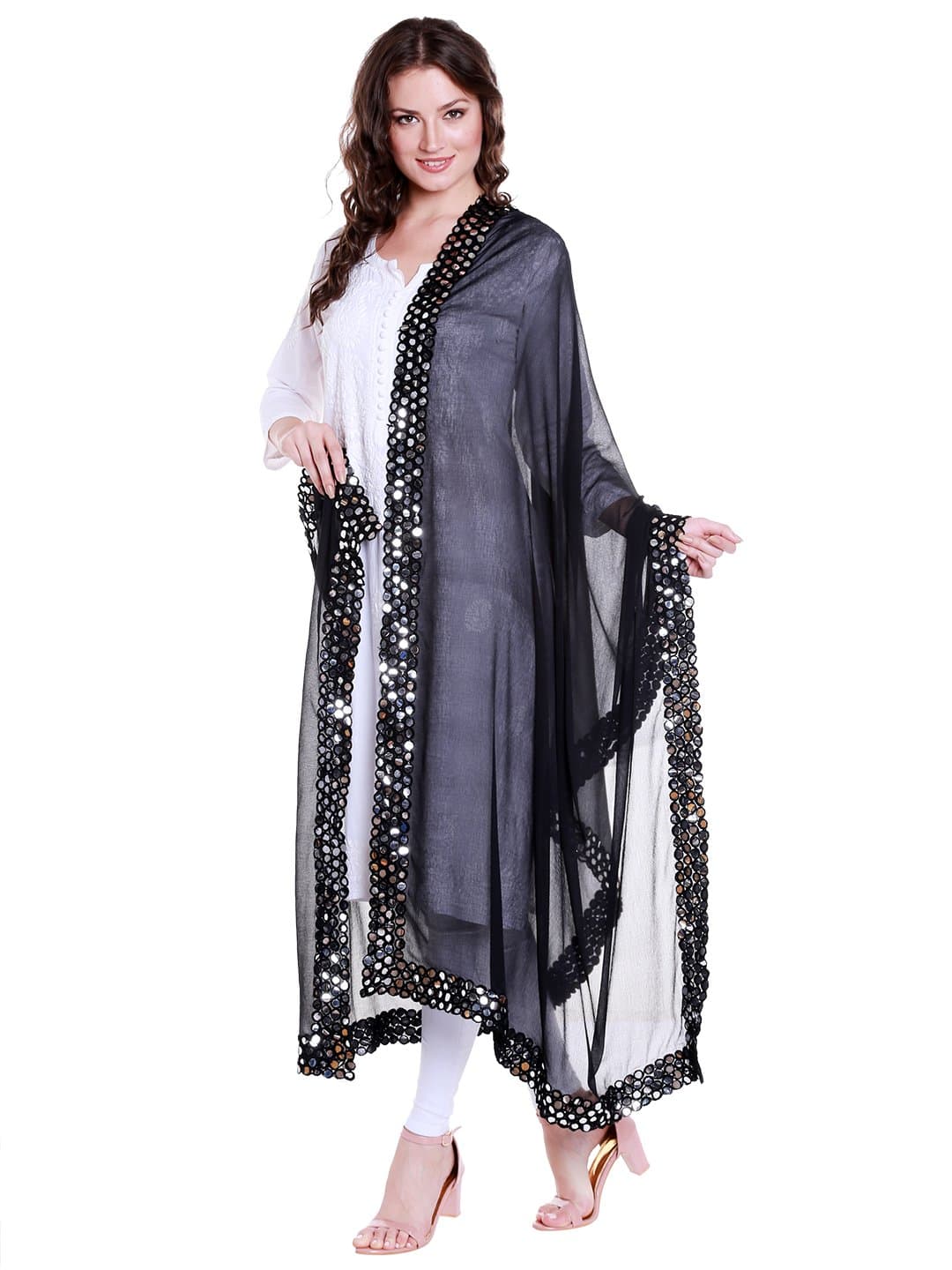 Women's Black Chiffon Dupatta with Mirror work lace.