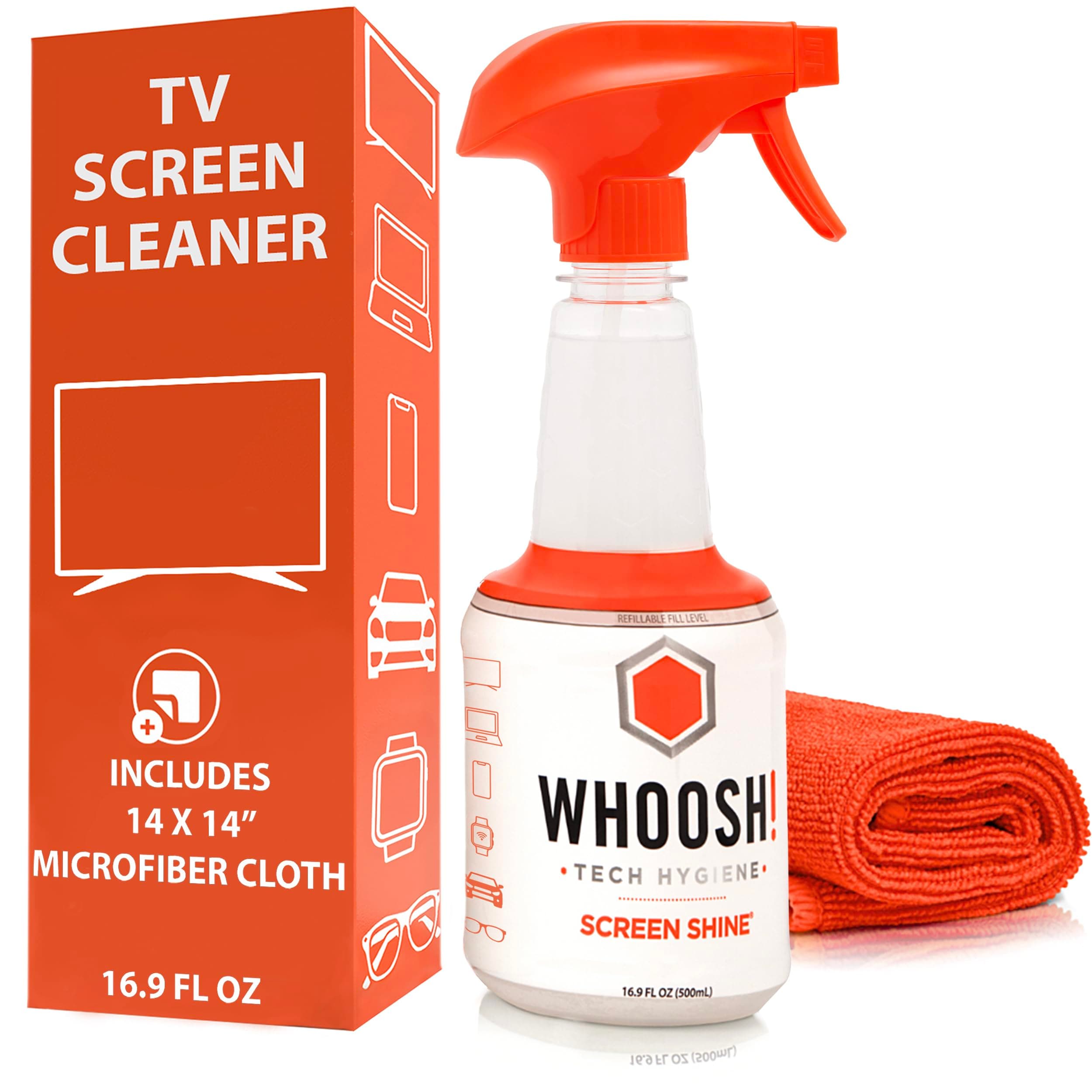WHOOSH! Pro 16.9 fl oz Refillable TV Screen Cleaner & Microfiber Cloth - Streak-Free Cleaner for Flat Screens, OLED, LCD, Smart TV, Monitors - Non-Toxic, Odorless - Electronics Cleaning Kit