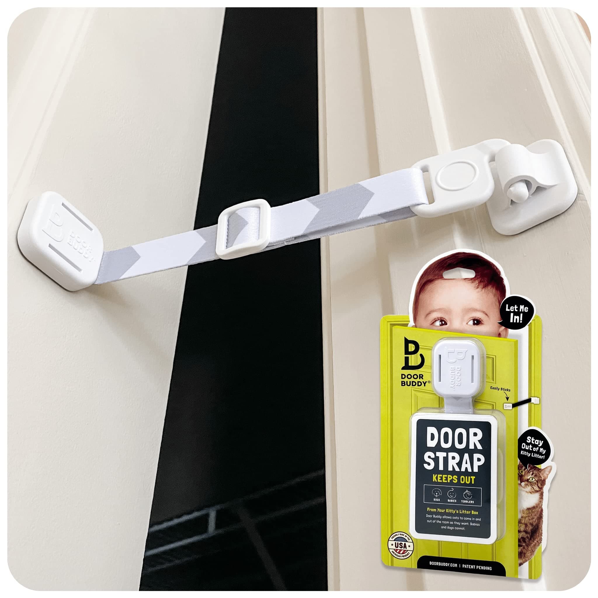 Door Buddy Baby & Cat Proof Latch - Grey. Adjustable Cat Strap Keeps Baby Out. Simple Child Safety Lock. Interior Alternative