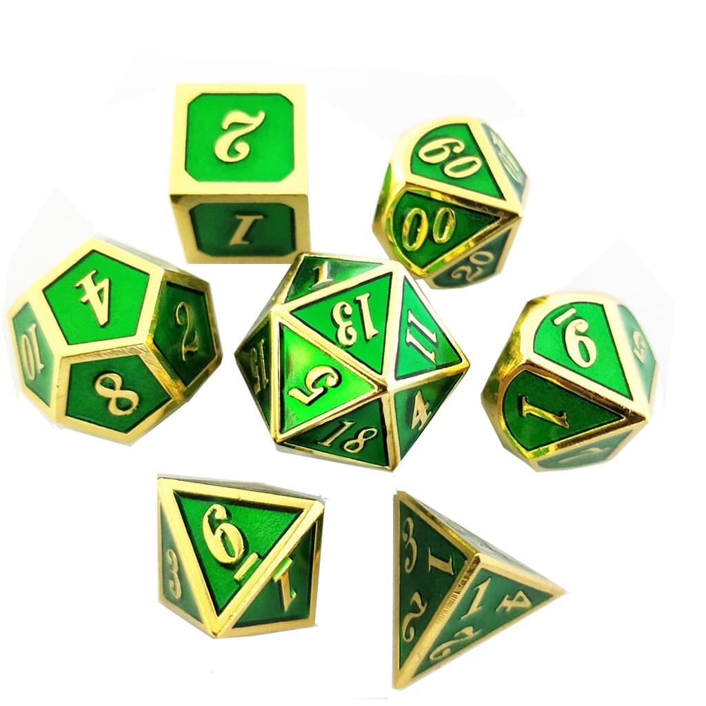 Yiotfandoll 7PCS Zinc Alloy Metal Dice Polyhedral Dice D20 D12 D10 D8 D6 D4 for Dungeons and Dragons DND RPG MTG Dice Table Games 16mm Green Gold with Bag