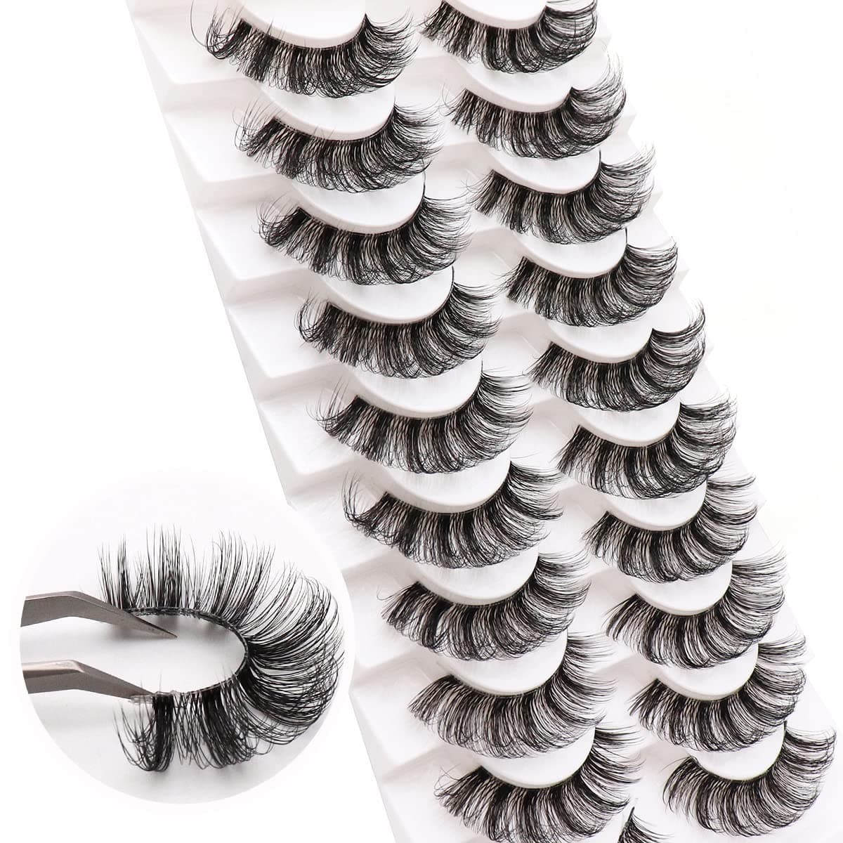 Veleasha Russian Strip Lashes with Clear Band Looks Like Eyelash Extensions D Curl Lash Strips 10 Pairs Pack (DT07)