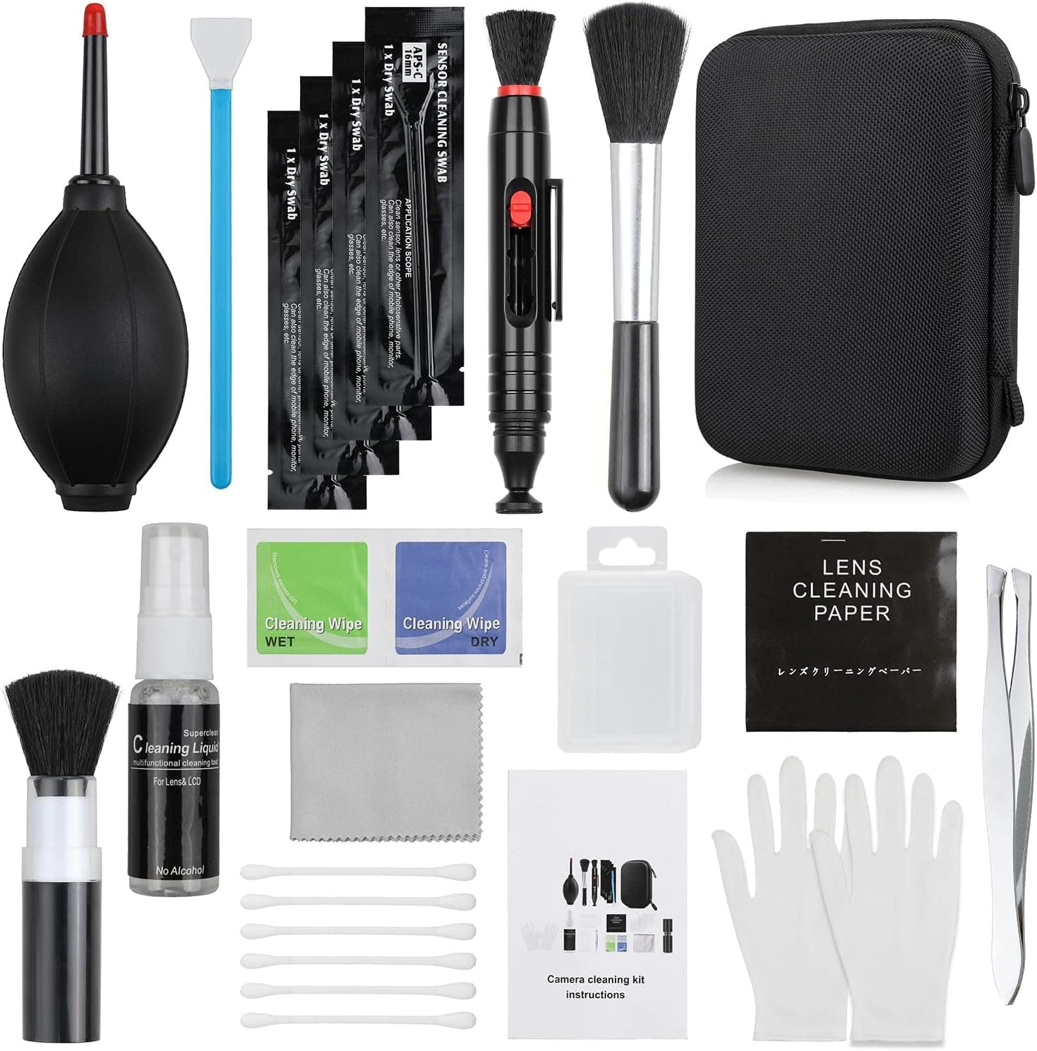 14-in-1 Camera Lens Cleaning Kit - Mirrorless & DSLR Sensor Cleaning Kit for Canon, Sony, Nikon Including Lens Blower, Detergent, Swabs, Cloth, Pen, Brush