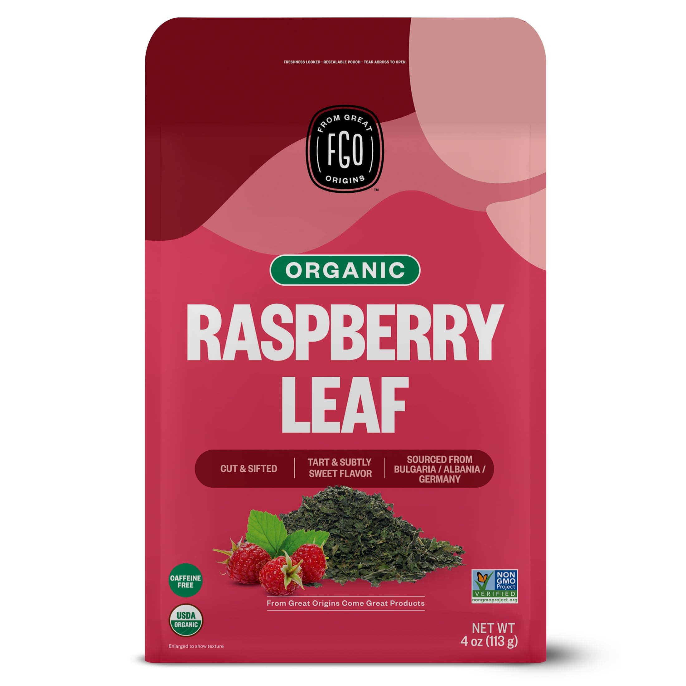Organic Red Raspberry Loose Leaf Herbal Tea, Cut and Sifted, Caffeine Free, Resealable Bag, 4oz (Pack of 1)