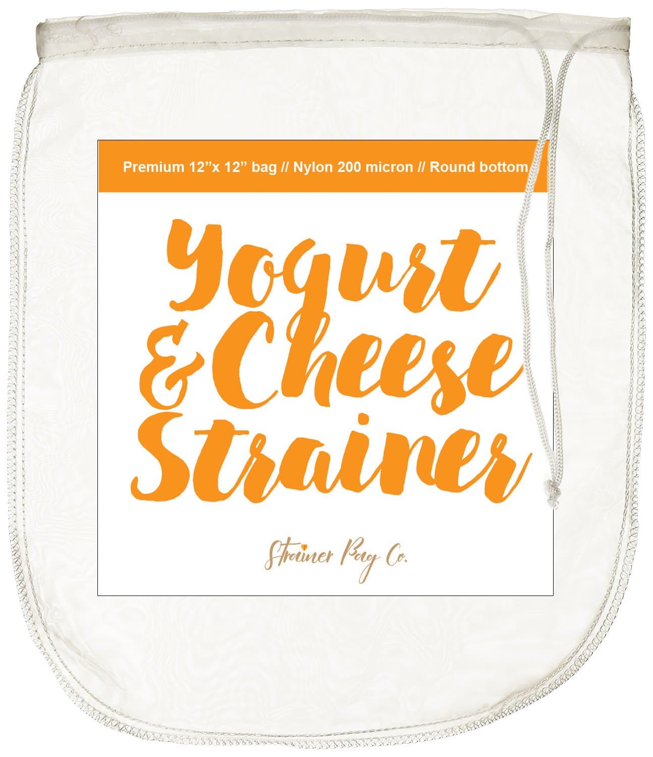 Yogurt & Cheese Strainer Bag-Large 12"X12"-Reusable all purpose Food Strainer-Fine Mesh 200 Micron Nylon Bag-Free Recipe on back of Label + Free E-book