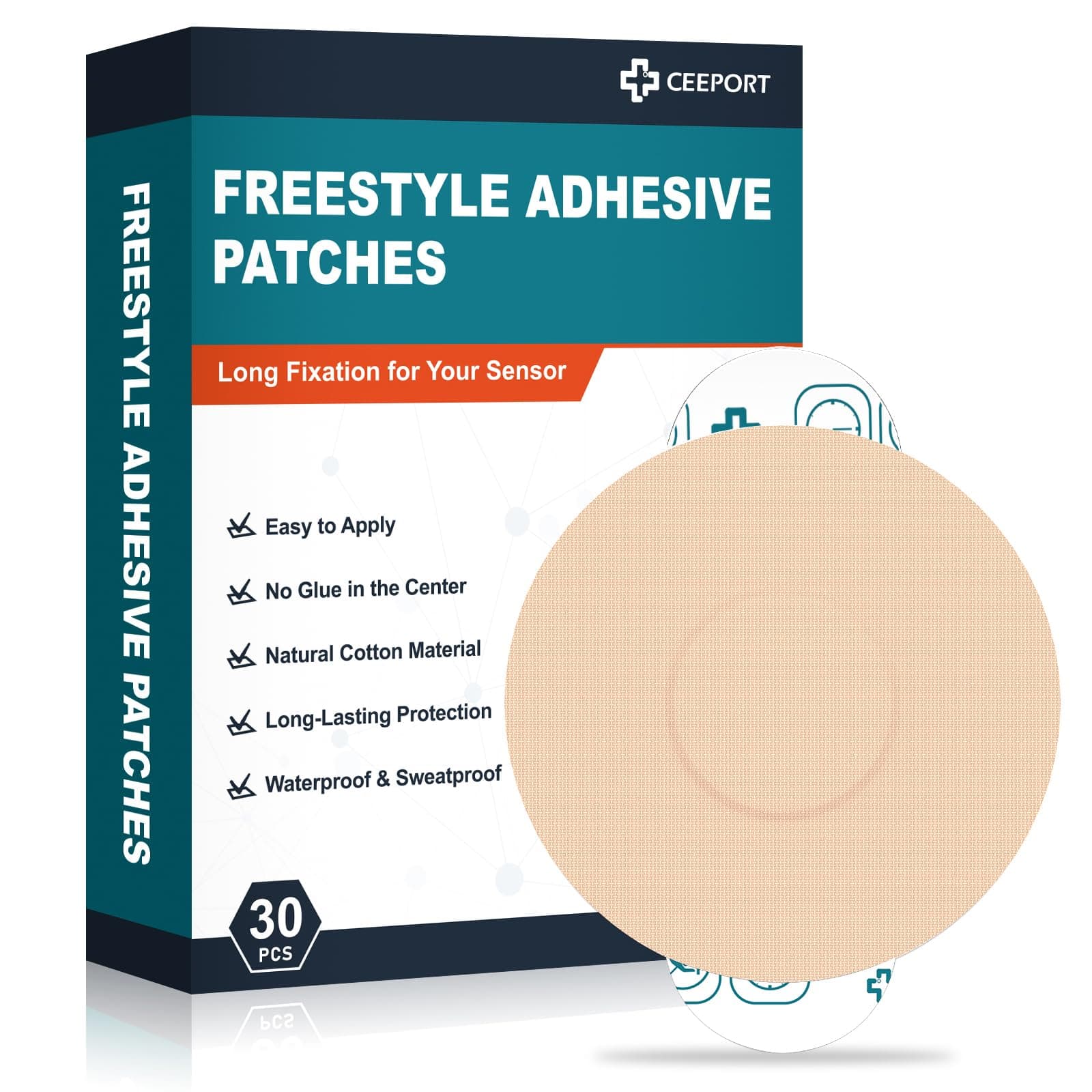 30 Pack Freestyle Adhesive Patches, Sensor Covers Intended for Freestyle Libre 2/3-Enlite-Medtronic Guardian, CGM Sensor Patches, No Glue in The Center, Long Fixation for Your Sensor(Tan)
