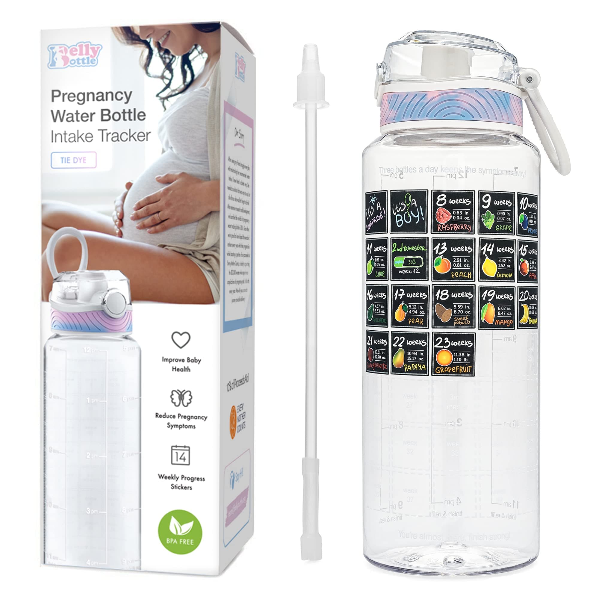Pregnancy Water Bottle Tracker – Pregnancy Must Haves First Trimester – Pregnant Gifts for Expecting Mom – Essentials Nausea Relief – Weekly Stickers + Straw + BPA Free – Tidye