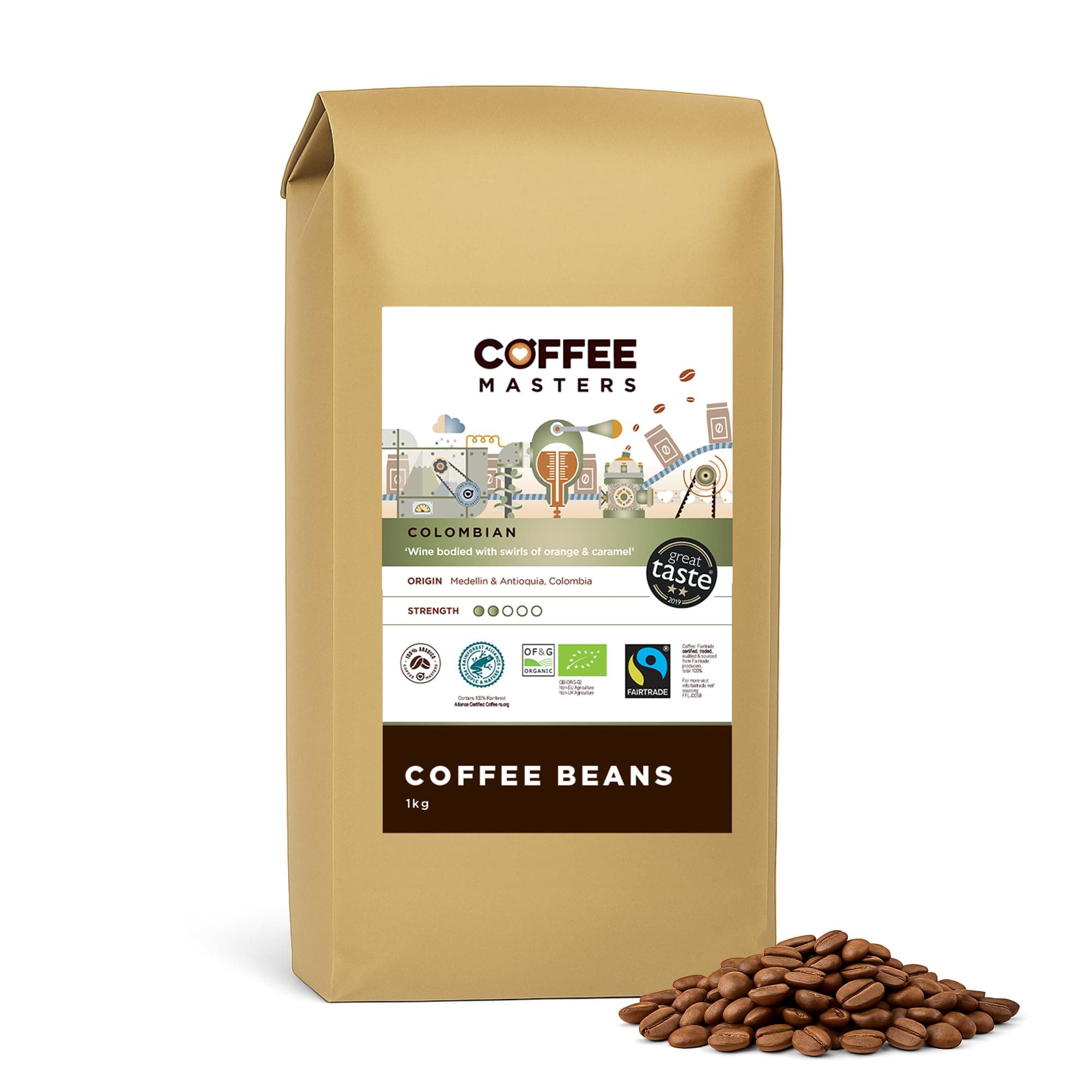 – Colombian Organic Coffee Beans 1kg - Fairtrade, Single Origin, 100% Arabica, Light Roasted Whole Bean Ideal for Espresso Machines - Great Taste Award Winner