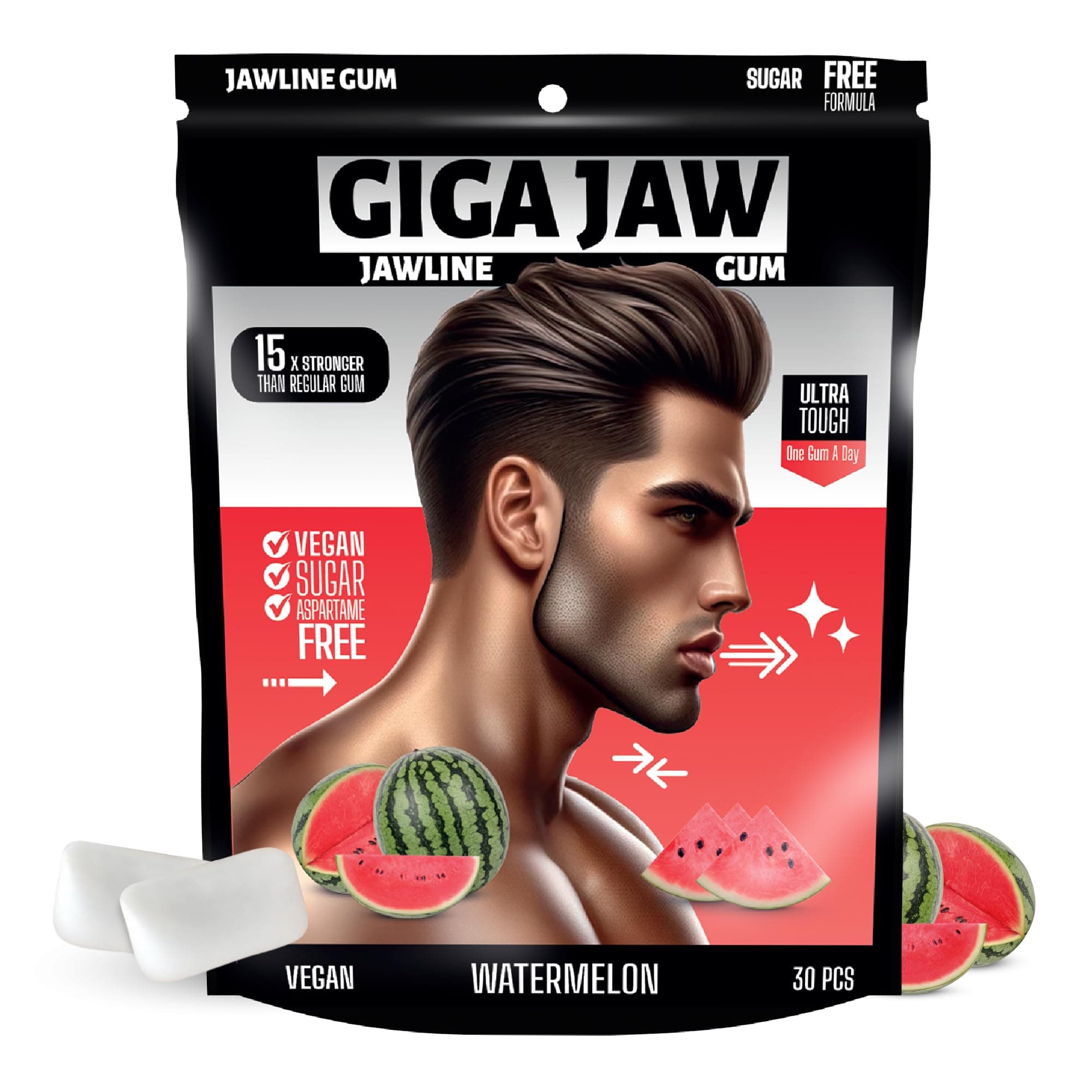 GigaJaw Jawline Gum - 15X Hardness for Effective Facial Exercise -Sugar-Free, Calorie-Free | Pack of 30 Pieces (Small, Watermelon)