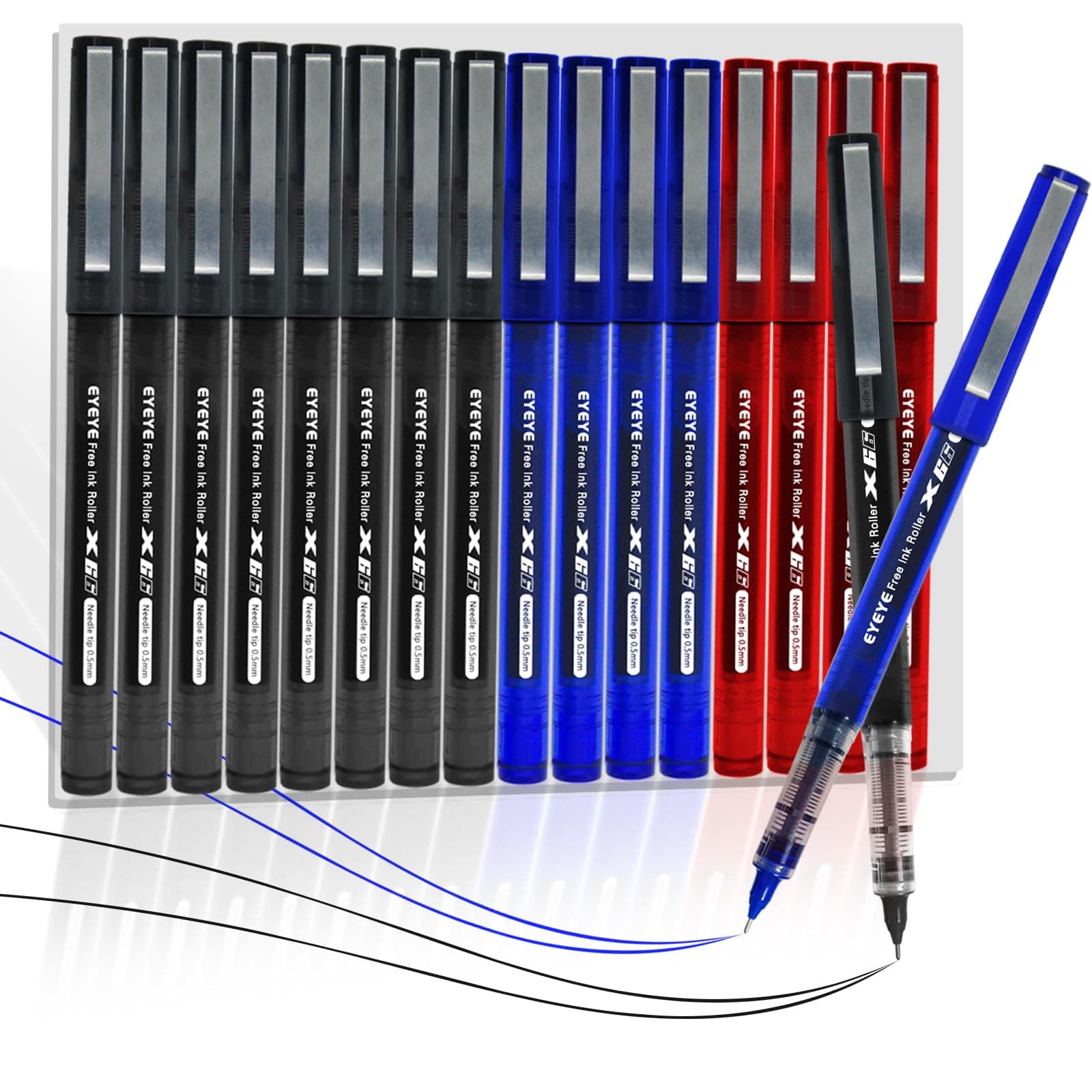 - 3 Colors Liquid Ink Rollerball Pens, 16 Packs (8 Black & 4 Blue & 4 Red) Quick Dry Gel Pen, 0.5mm Fine Needle Nib for Taking Notes Doodling, School Office Home Supplies