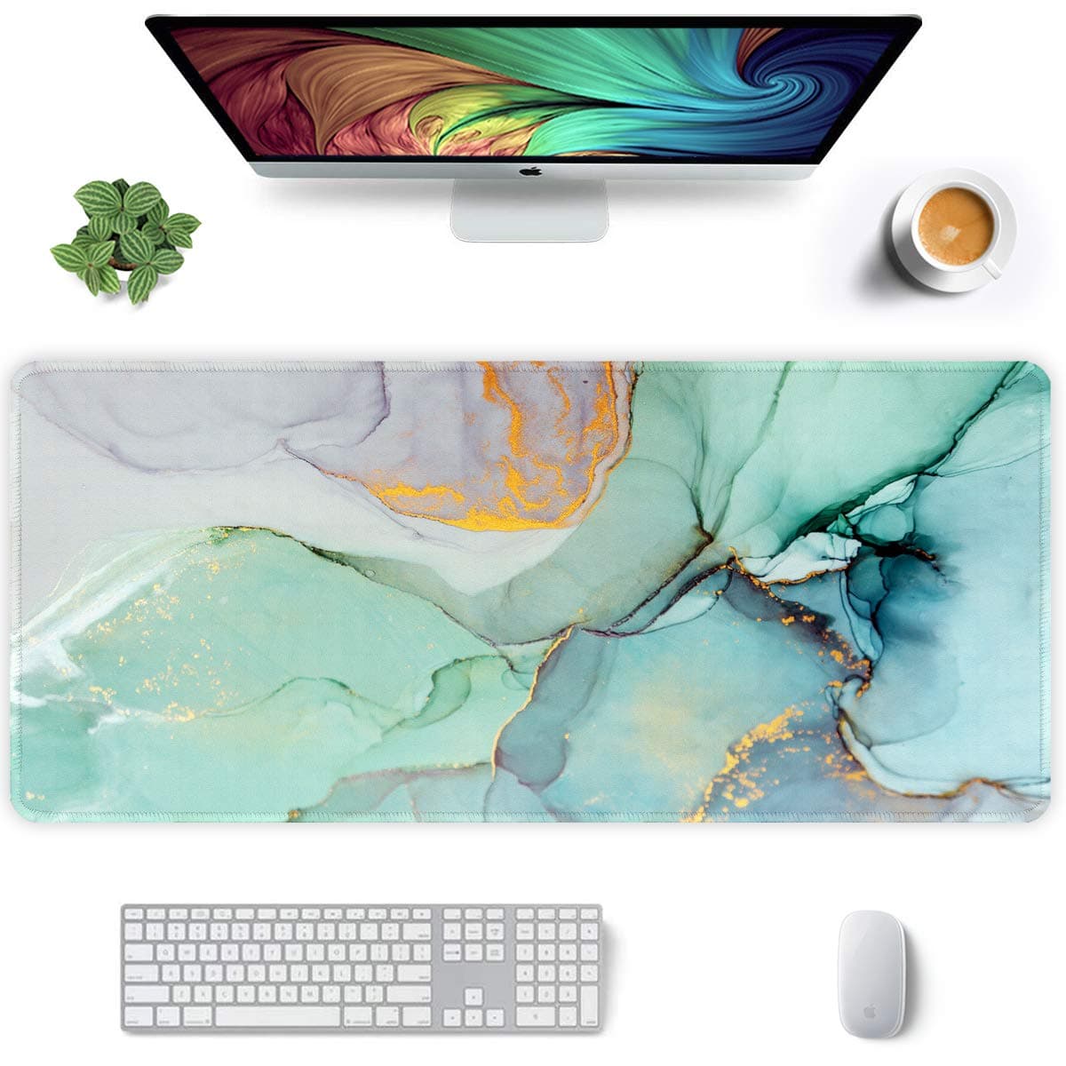 AuhoahsilExtended Mouse Pad, XXL Gaming Mouse Pads, Large Big Mousepad Laptop Computer Keyboard Mat Desk Pad with Non-Slip Base Stitched Edge for Gaming Office, 35.5 x 15.7 inch, Green Marble