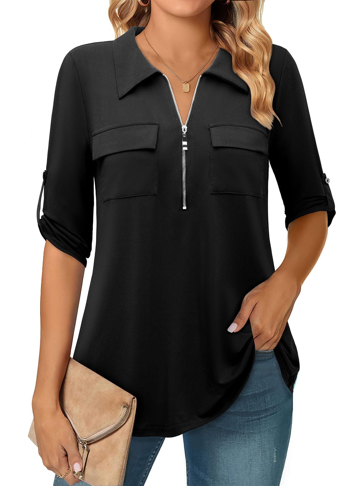 BulotusWomen's 3/4 Sleeve Collared Blouses Business Casual Zip Front V Neck Loose Fit Tunic Tops, Black, XL