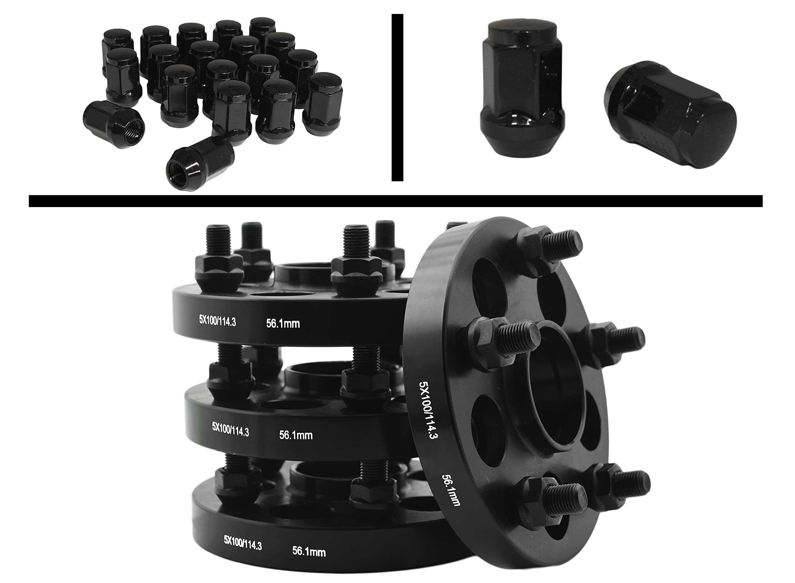 4pc 15mm Conversion Adapter Kit 5x100 to 5x114.3 56.1mm Hub Centric | 20 Black Bulge Acorn Lug Nuts M12x1.25 Thread Pitch | Compatible with Subaru