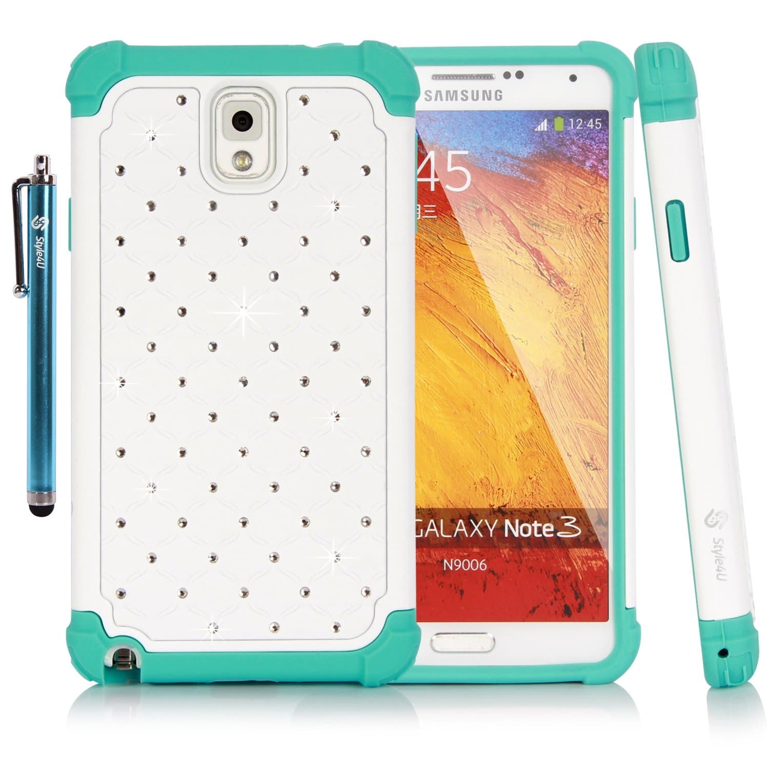 Style4U Galaxy Note 3 Case, Studded Rhinestone Crystal Bling Hybrid Armor Case Cover for Samsung Galaxy Note 3 N9000 N7200 with 1 HD Screen Protector and 1 Stylus [White/Teal]