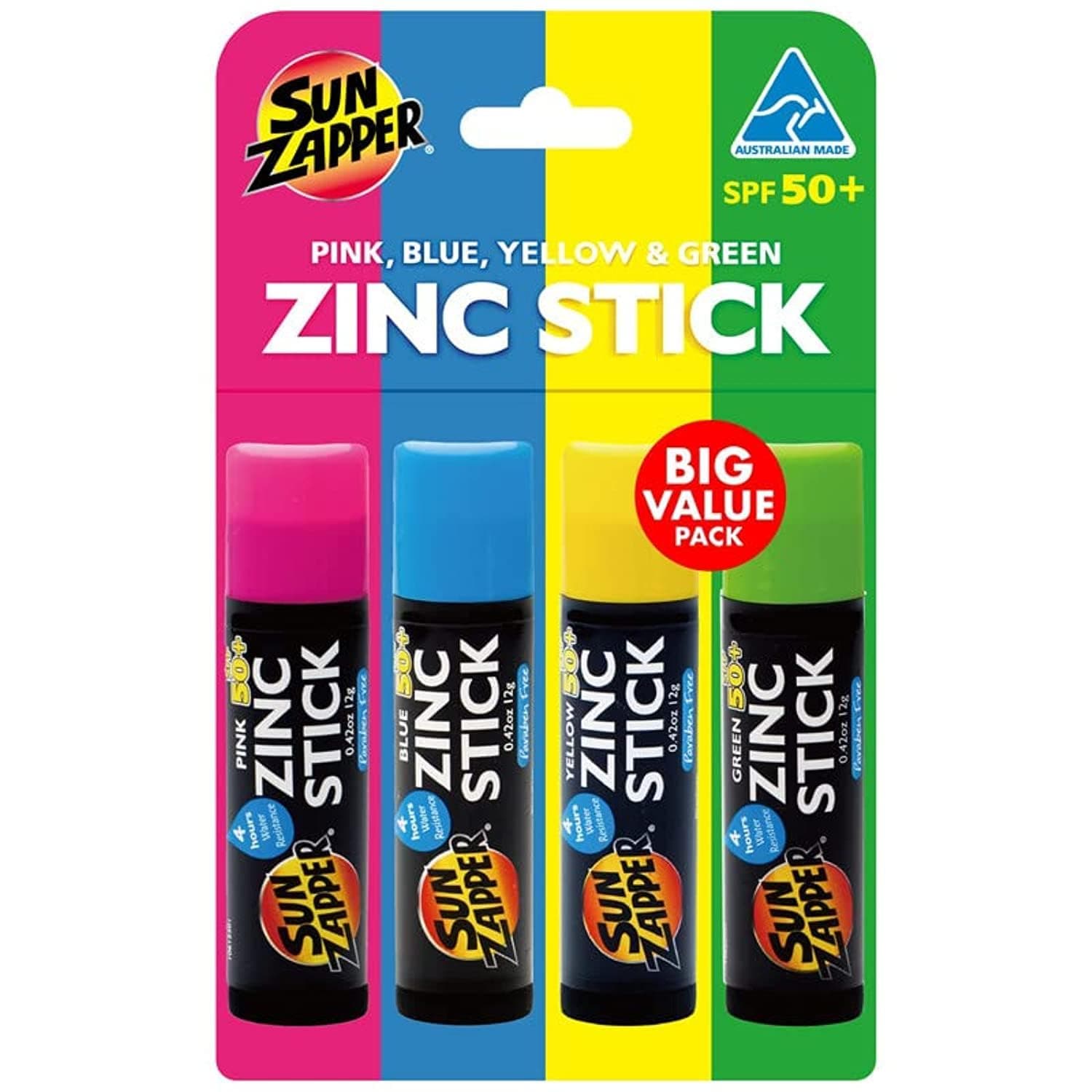 Zinc Sunscreen Stick Rainbow 4-Pack SPF 50+ Pink Blue Green Yellow – Colored Mineral Sunscreen Sticks for Face, Water Resistant Sunblock for Kids, Travel Size 12g Each, Made in Australia