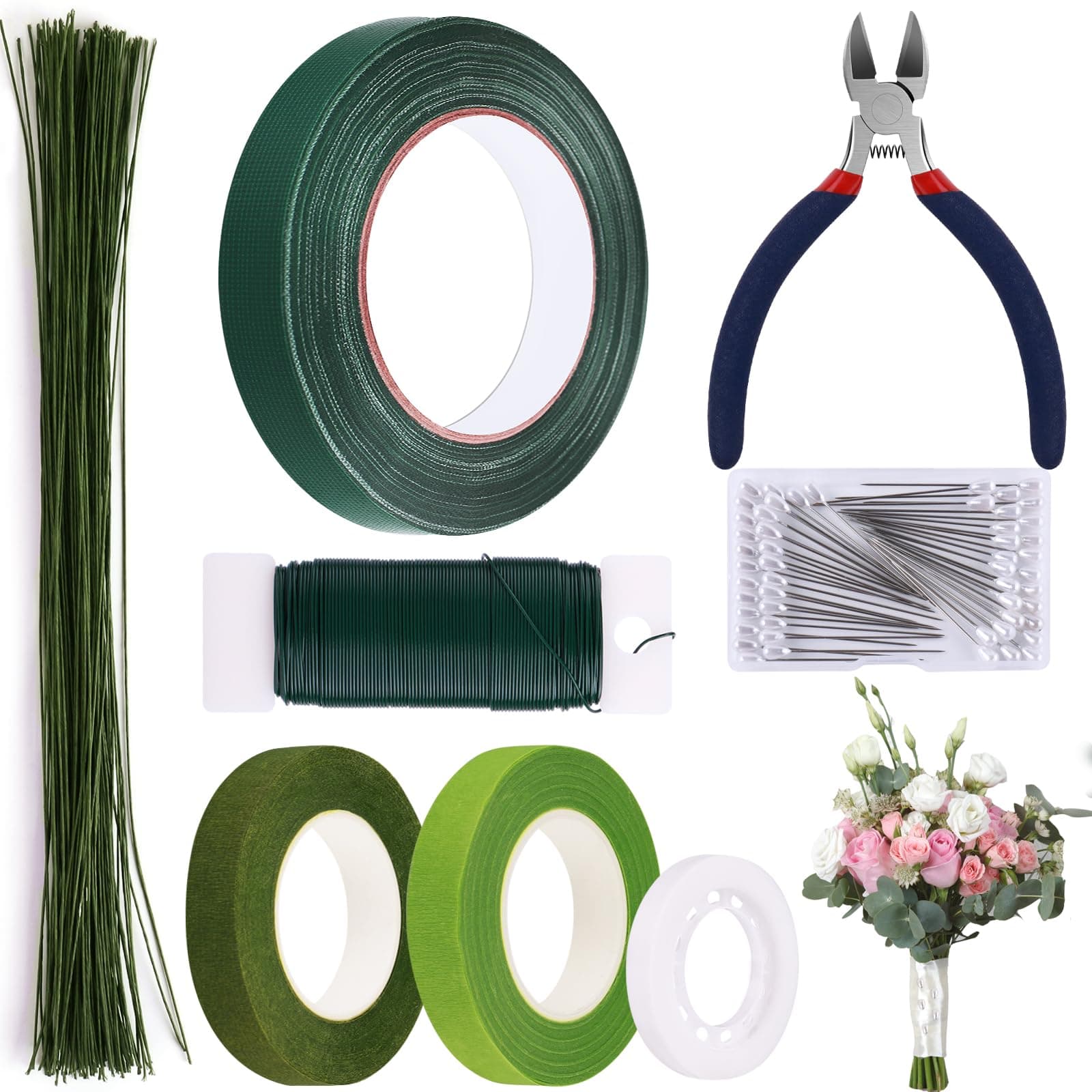 Floral Arrangement Kit with Floral Tape, 26 Gauge Floral Stem Wire, 22 Gauge Floral Wire, Cutter, Boutonniere Flower pin for Bouquet Stem Wrapping, Floral Crafts and Wedding Bridal Bouquets