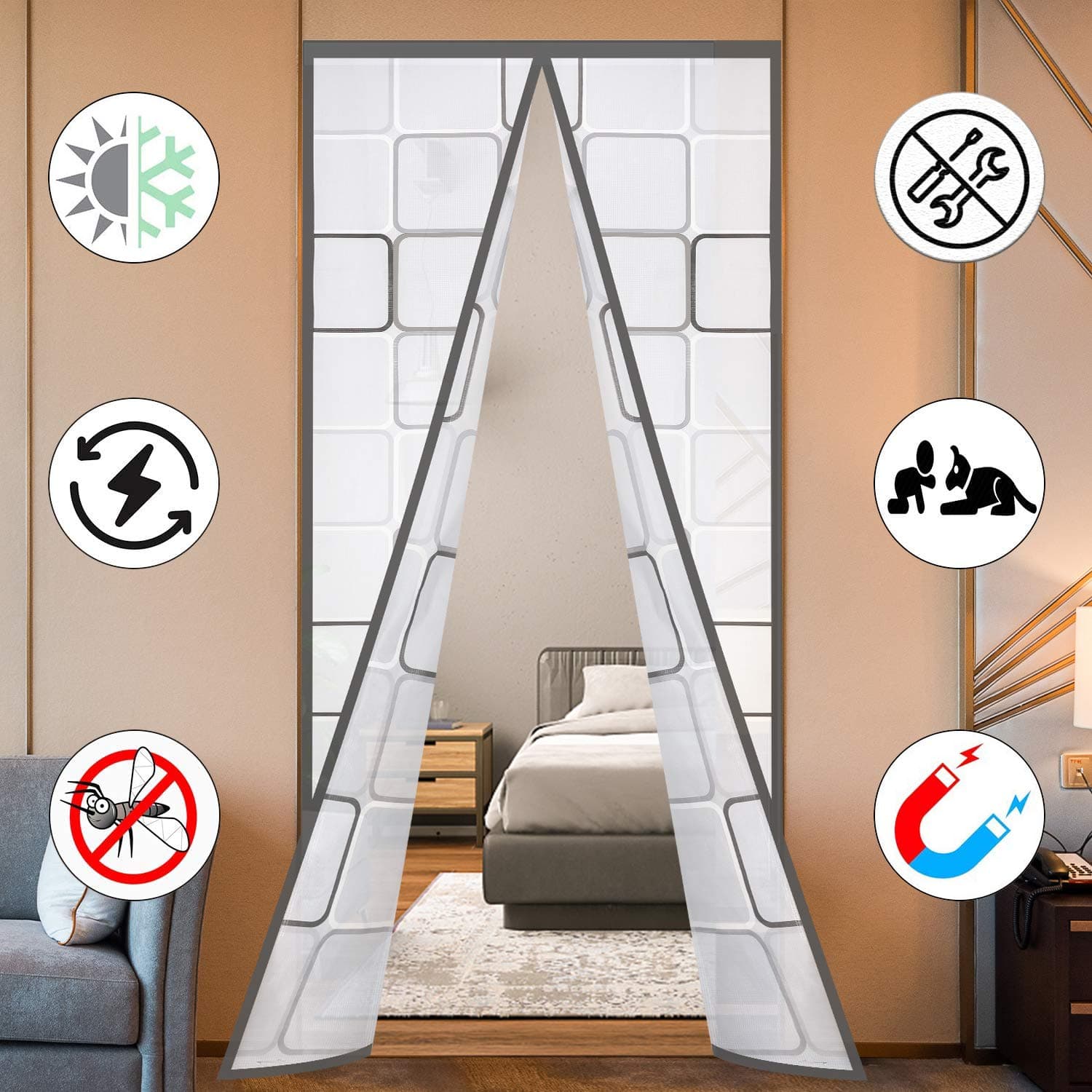 Insulated Curtain, Thermal Magnetic Self-Sealing EVA Screen, Keep Cold Out Door Cover Auto Closer for Kitchen, Bedroom, Air Conditioner Room, Hands Free, Fits Doors Up to 38" x 82", Grey