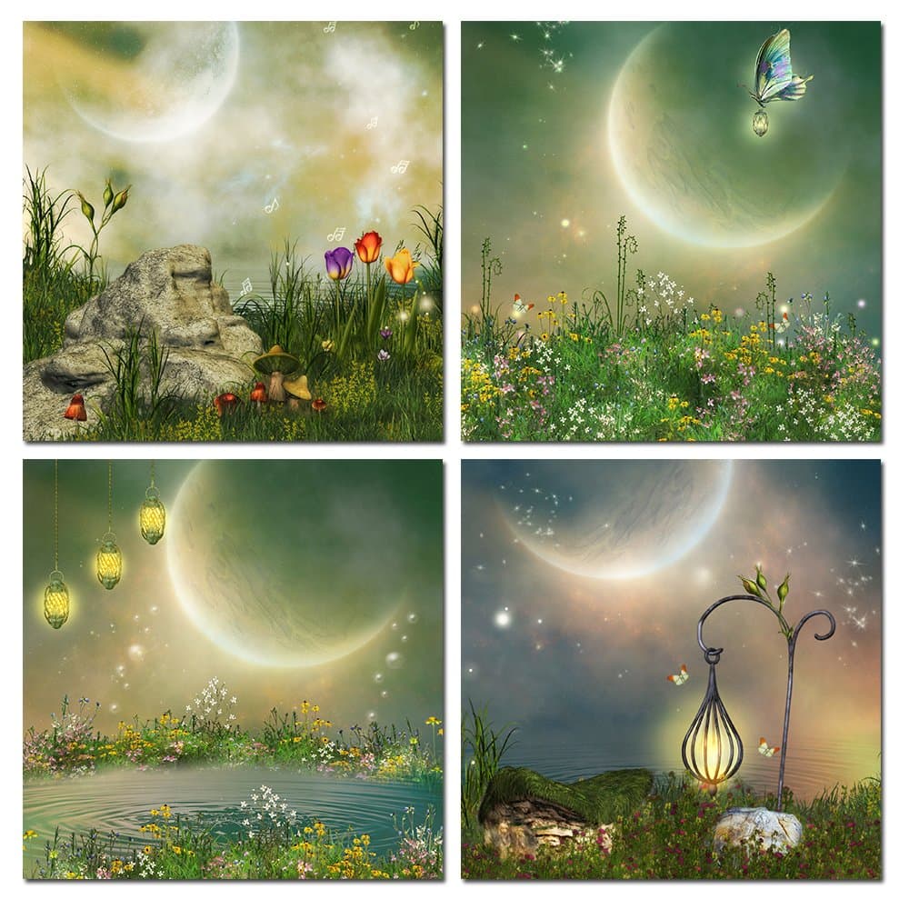 QTESPEII- Modern Decor Stretched and Framed Giclee Prints Artwork Fantasy Fairy Tale Pictures Paintings on Canvas Wall Art for Nursery Kids' Bedroom Home Decorations Set of 4, 12 by 12 Inch