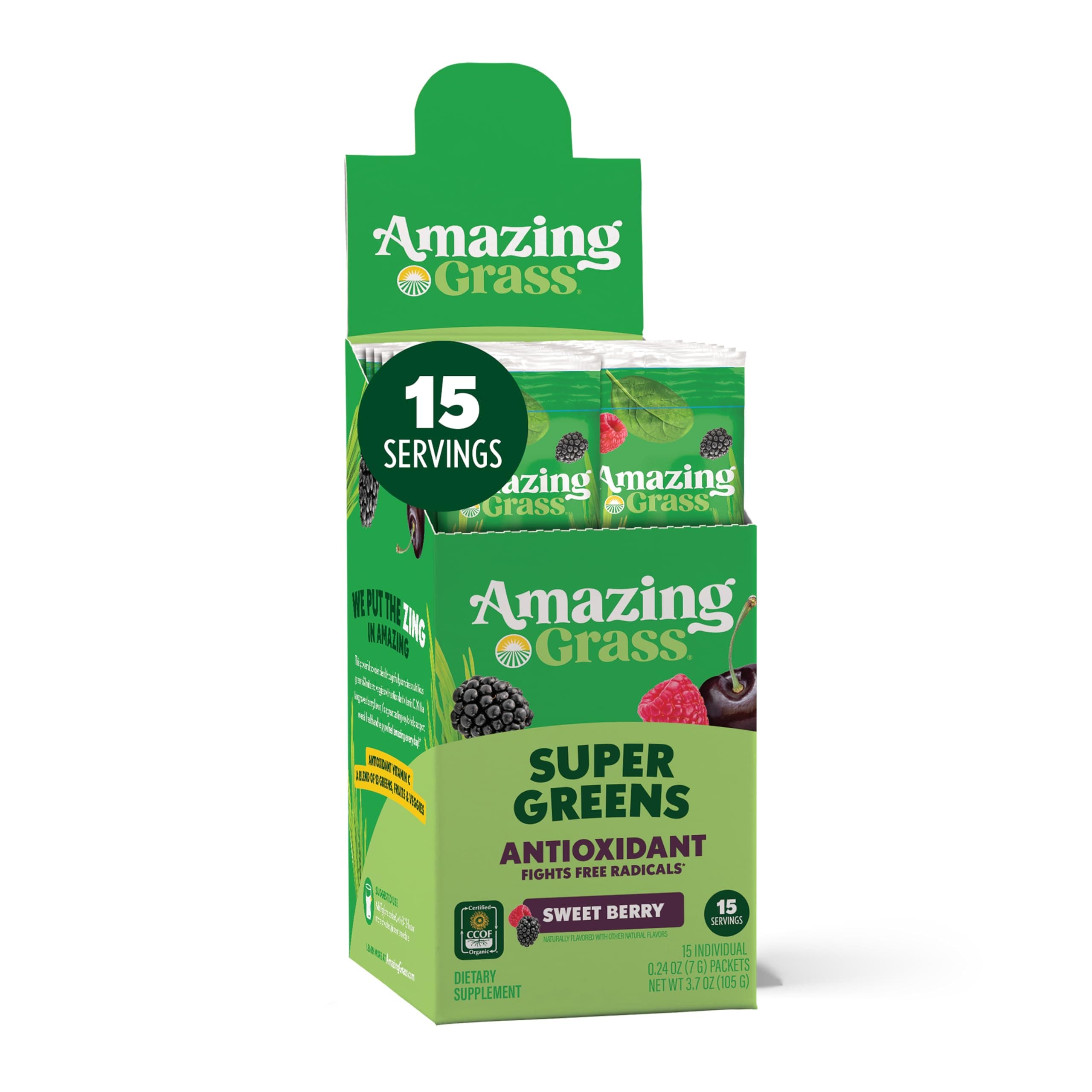 Amazing Grass Greens Blend Antioxidant: Super Greens Powder with Spirulina, Beet Root Powder, Elderberry, Prebiotics & Probiotics, Sweet Berry, 15 Servings (Packaging May Vary)