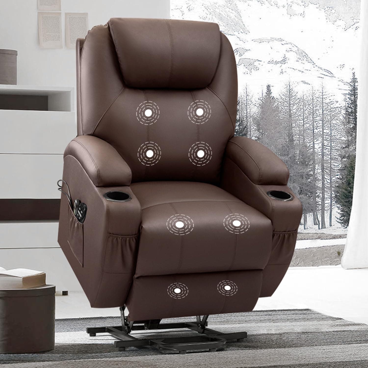 VICTONE Electric Power Lift Recliner Chair for Elderly Reclining Sofa for Living Room with Massage and Heat, Side Pockets and Cup Holders (Leather, Brown)