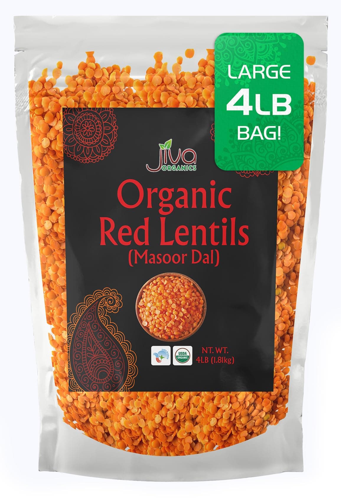 Jiva Organic Split Red Lentils 4 Pound LARGE Bag - Masoor Dal - Non-GMO, Vegan, Certified, Non-Irradiated