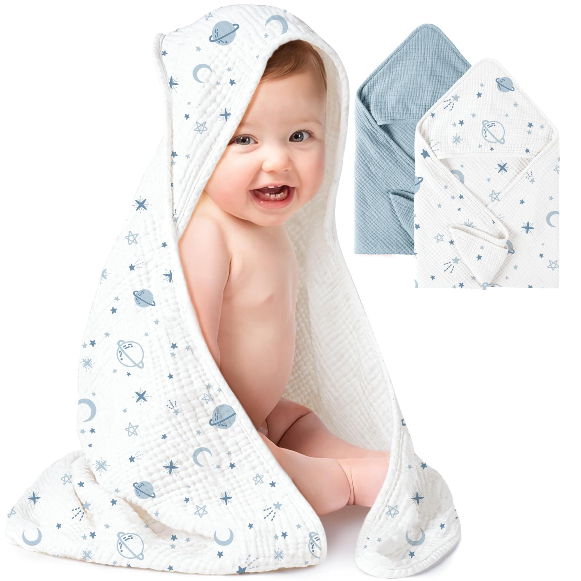 Konssy 2 Pack Muslin Hooded Baby Towels for Newborn Soft 100% Cotton Baby Bath Towel with Hood for Baby, Infant Ultra Absorbent, Baby Stuff Baby Bath Shower Gifts (Blue, Star,30" x 30")