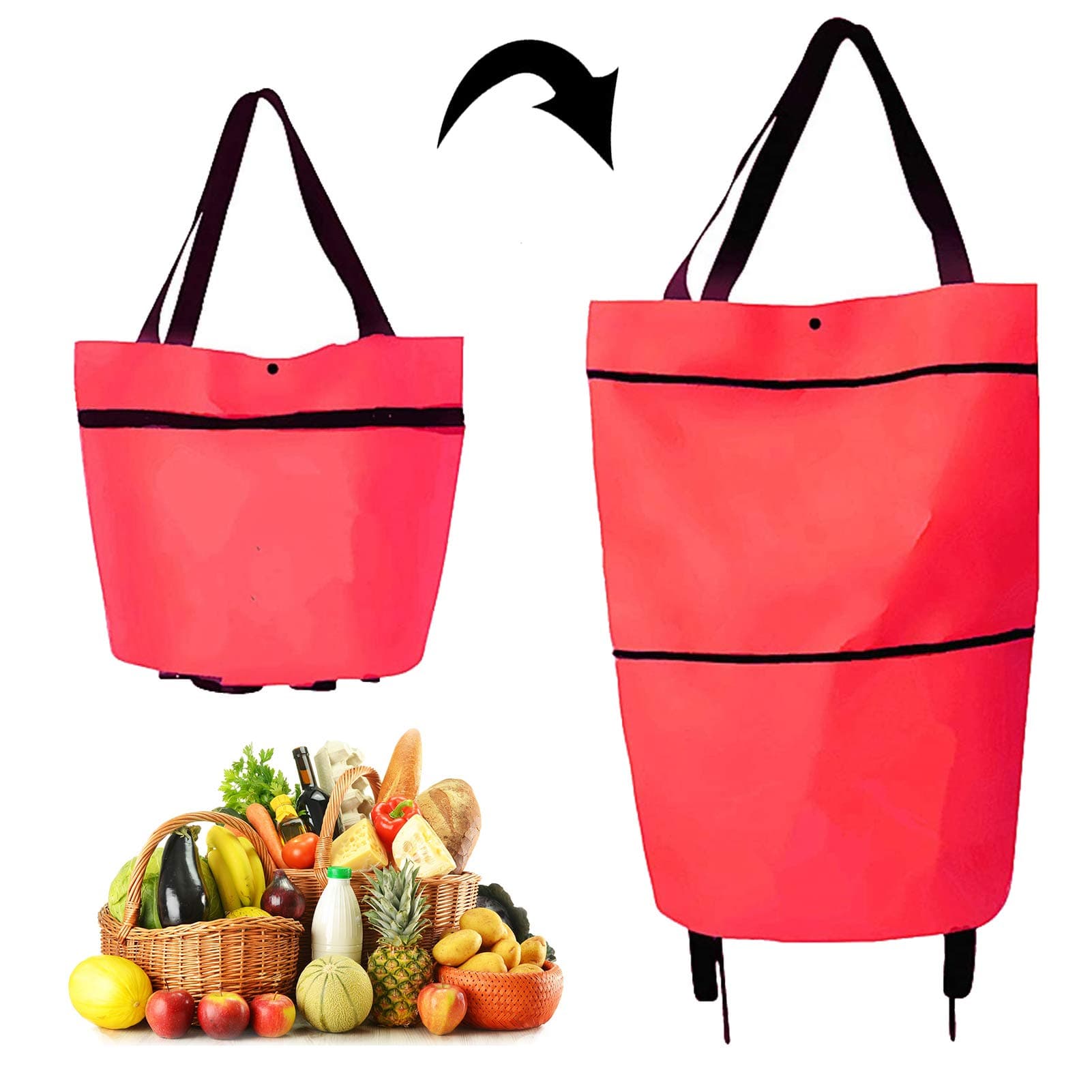 2 in 1 Foldable Shopping Cart, Collapsible Grocery Cart with Wheels Shopping Bag Telescopic Storage Bag for Traveling