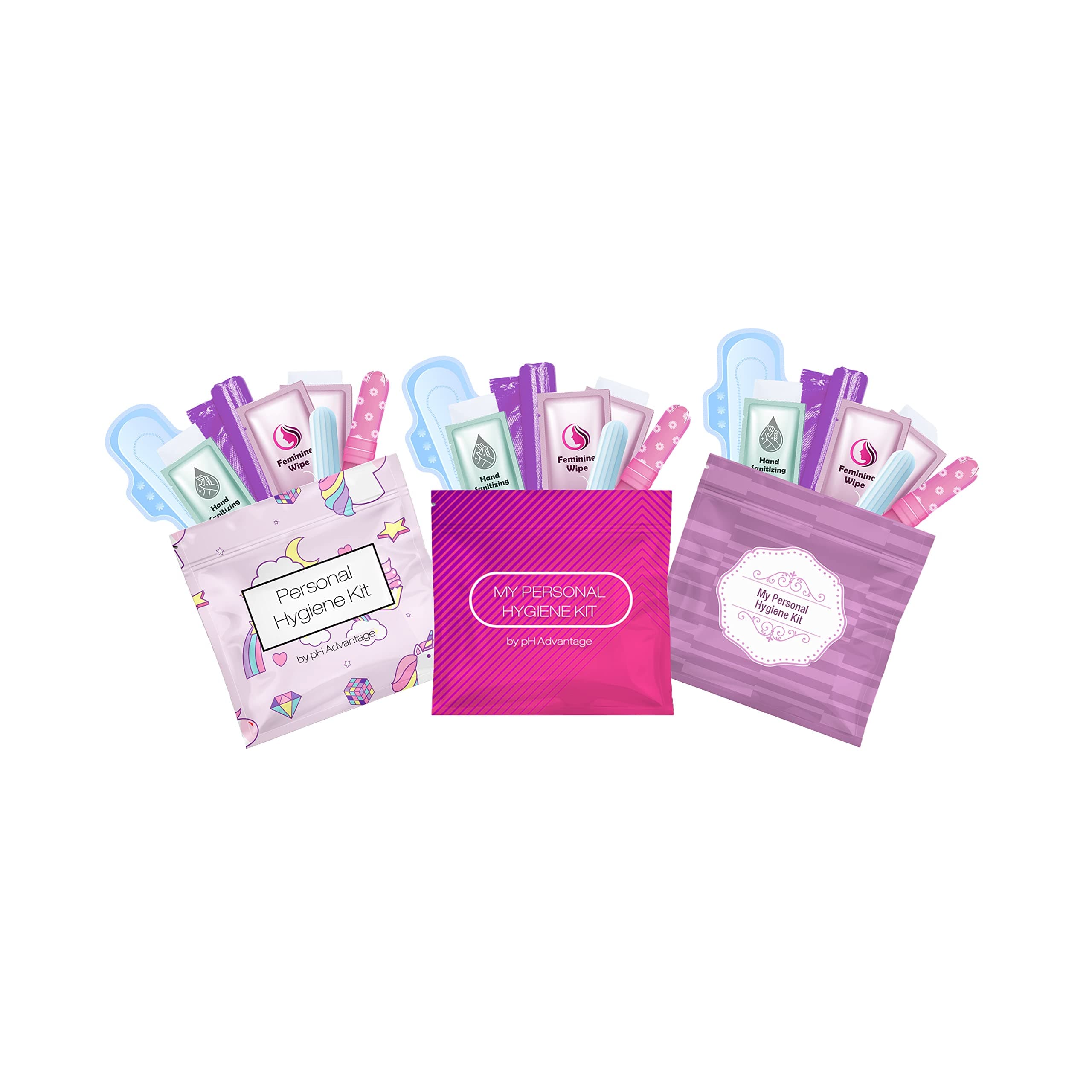 3 x Menstrual All-in-One Kits - Assorted Colors | Convenience on The Go | Single Period Kit Packs | Individually Wrapped Feminine Hygiene Products (Rainbow and Unicorns/Pink/Purple)
