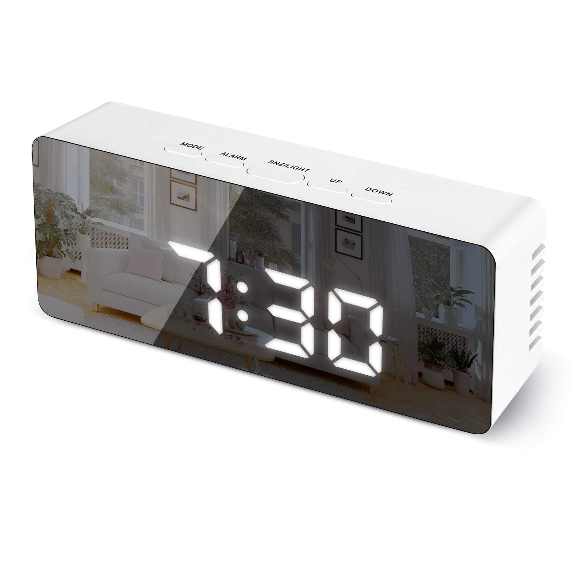 sanlinkee Digital Alarm Clock, Bedside Alarm Clocks with Snooze Time Temperature Mirror Surface Function LED Digital Clock for Office USB Powered & Battery Backup Powered（White Light）